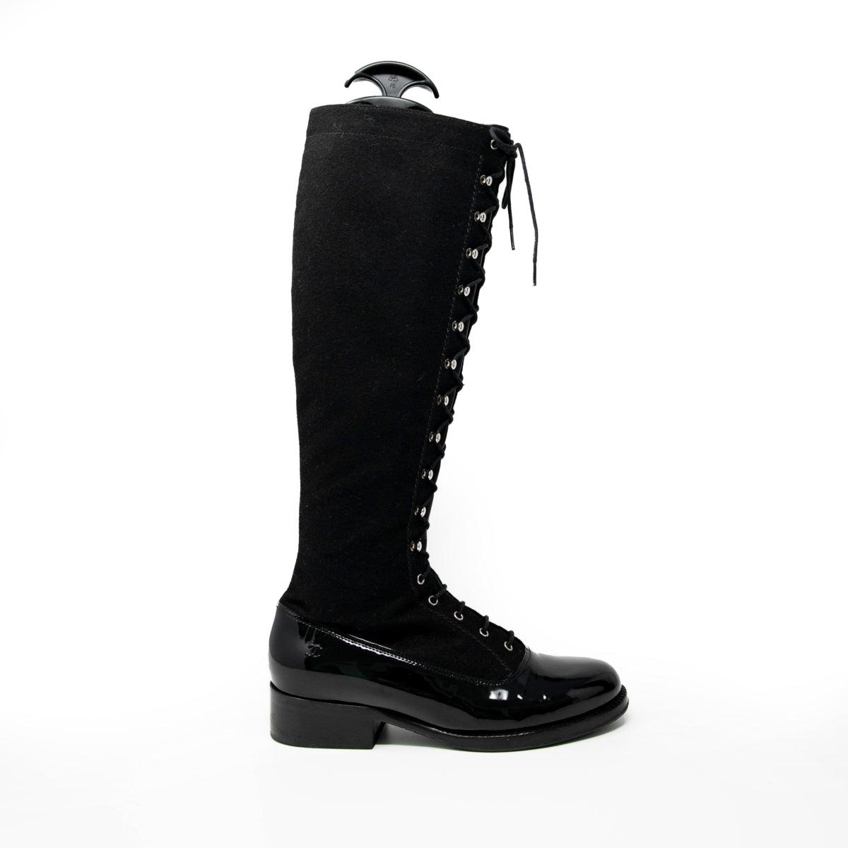 Chanel Black Lace-Up Knee High Boots Size 37 - Elegant Women's Fashion Boots for Party, Evening Wear & Winter Outfits