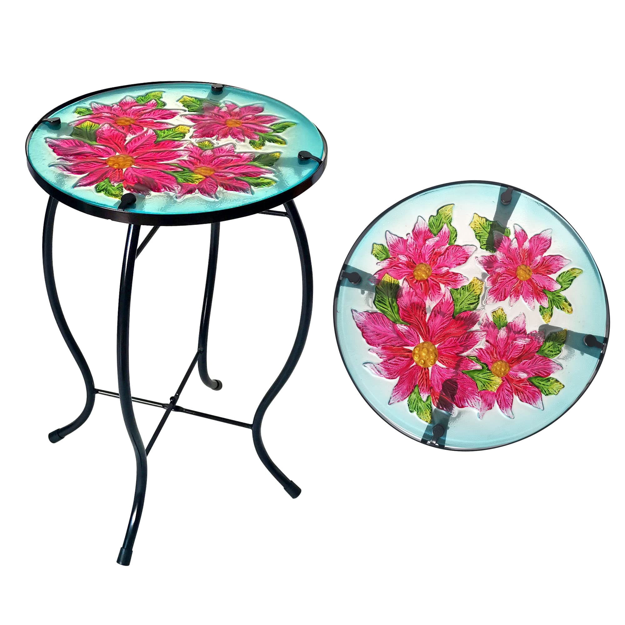 Round Glass Printed Christmas Red Side Table - Outdoor Bistro Coffee Table for Deck, Garden, Patio - Indoor Decorative Plant Stand for Kitchen & Porch - Perfect for Holiday Decor & Outdoor Entertaining
