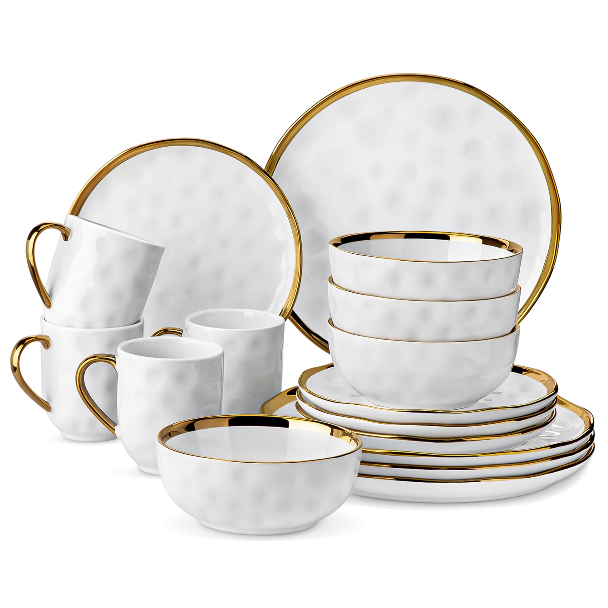 LOVECASA 16-Piece Porcelain Dinnerware Set - White & Gold Round Plates & Bowls for 4, Dishwasher Safe & Scratch Resistant - Elegant Table Setting for Holidays, Dinner Parties & Everyday Use