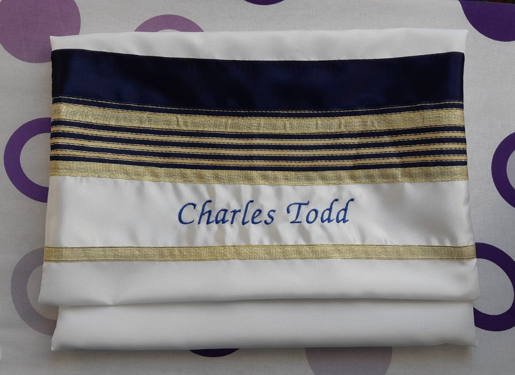 Premium Gold & Blue Striped Men's Tallit Set for Bar Mitzvah - Elegant Jewish Prayer Shawl for Synagogue & Religious Ceremonies