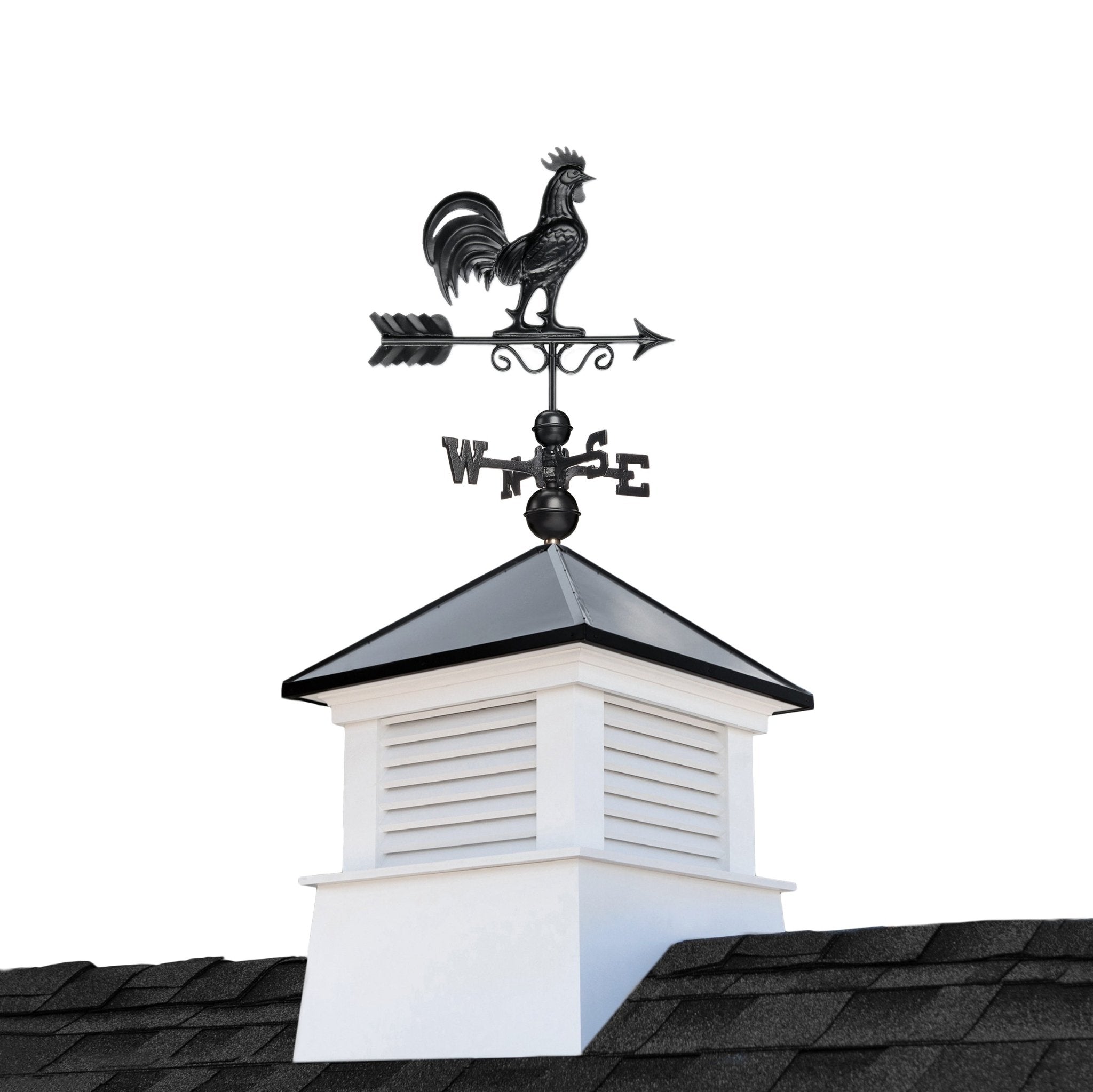 26 Square Manchester Vinyl Cupola with Black Aluminum Roof & Rooster Weathervane - Perfect for Barn, Shed, or Garage Decoration & Ventilation