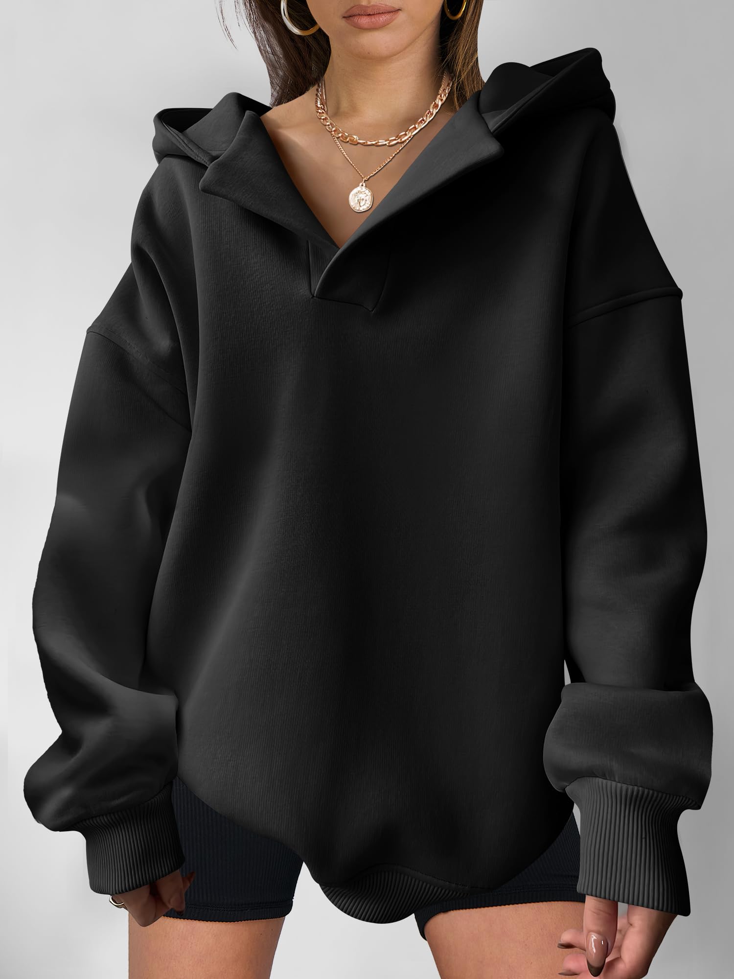 ANRABESS Women's Oversized Hoodies - V Neck Long Sleeve Pullover Sweatshirt for Casual Fall Wear | Trendy Preppy Clothes for Teen Girls 2025 | Perfect for School, Weekend Outings & Cozy Loungewear