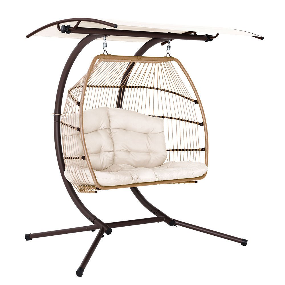 Double Wicker Hanging Swing Chair with Stand - Latte Brown Rattan Porch Swing for Outdoor Patio, Garden, or Balcony Relaxation - Perfect for Reading, Lounging, and Enjoying Nature