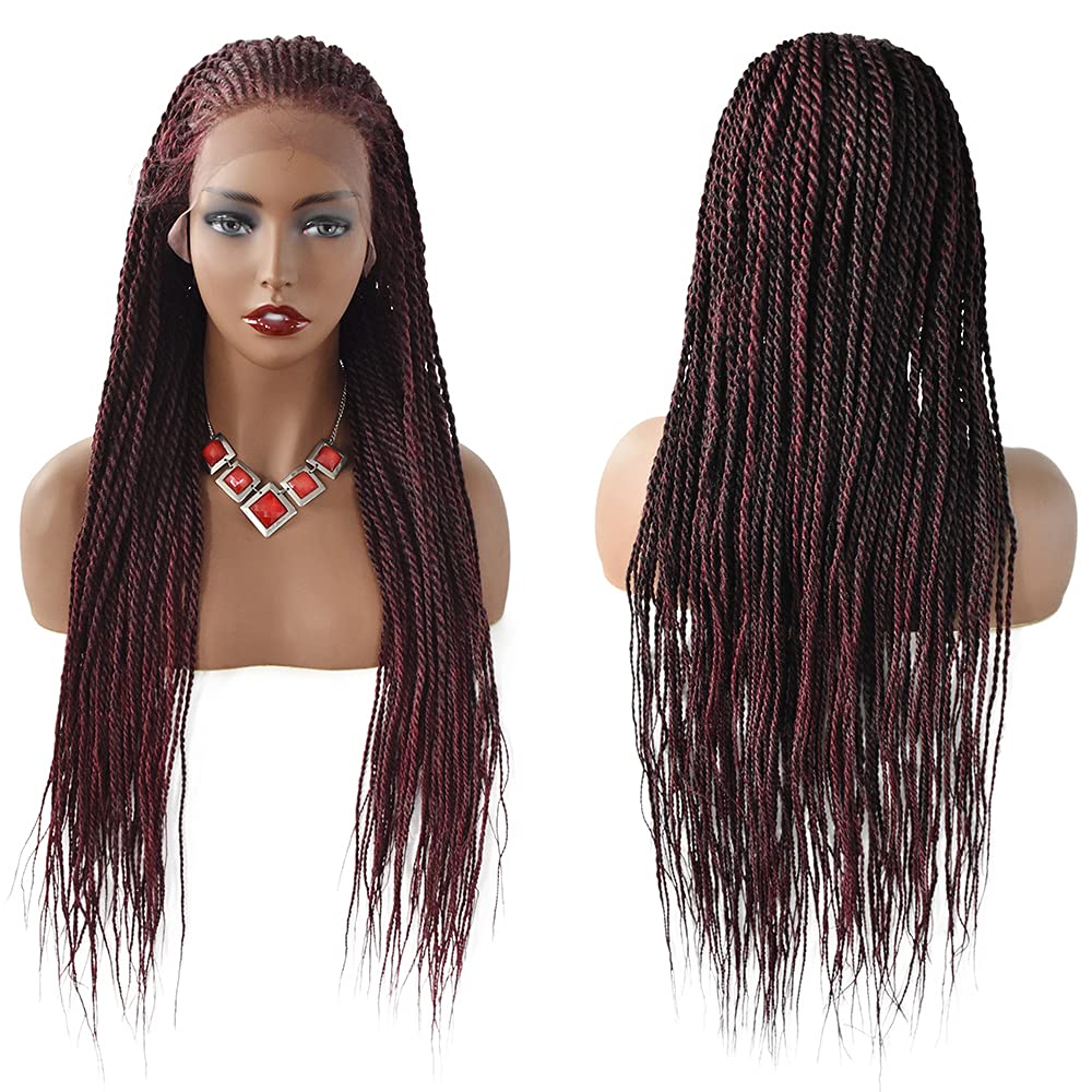 Long Senegalese Micro Twisted Wigs for Black Women - Swiss Lace Front Box Braids | Lightweight Heat-Friendly Synthetic Fiber | Natural Hairline with Baby Hairs (#1B/99JT) - Perfect for Daily Wear, Special Occasions & Protective Styling