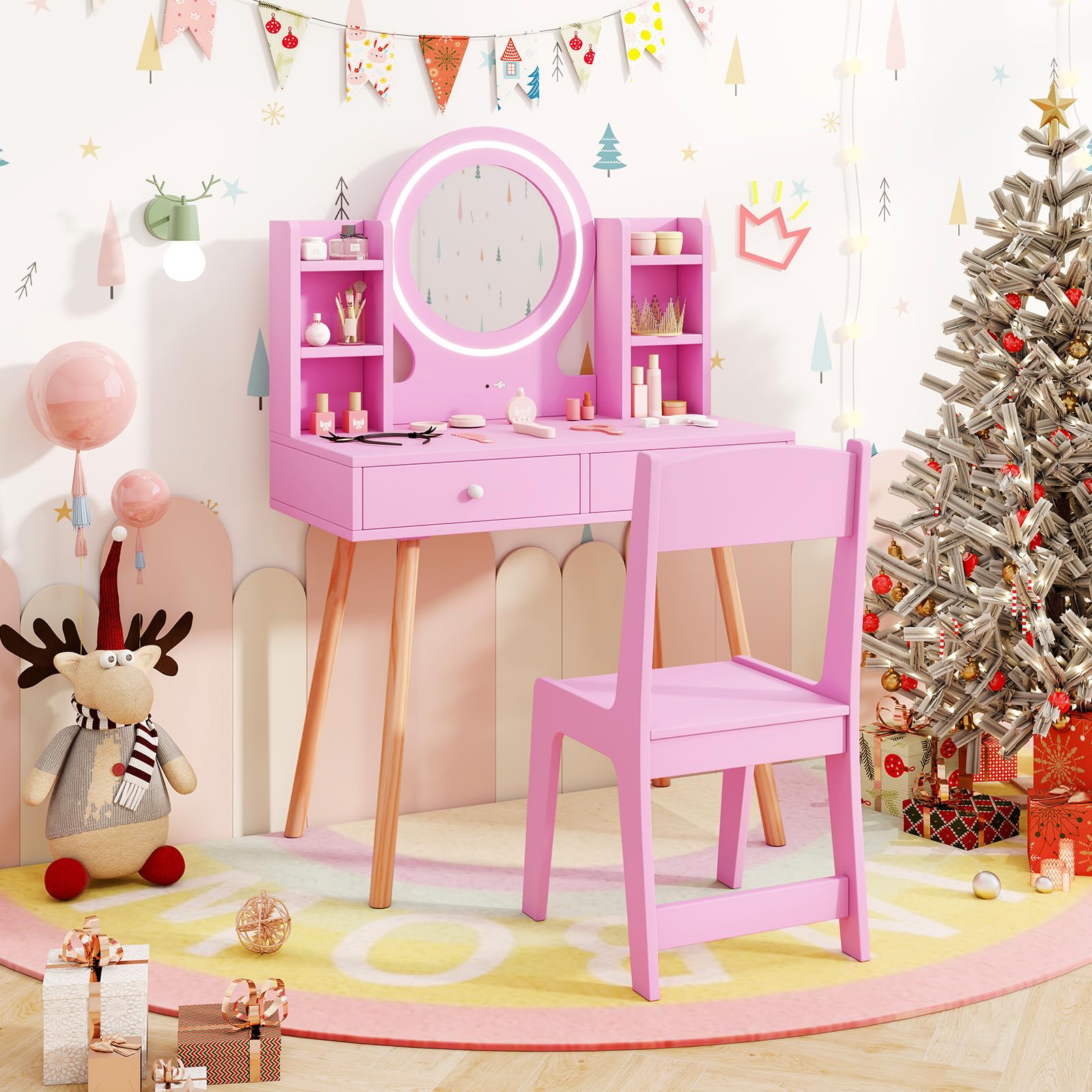 HONEY JOY Kids Vanity Set with Mirror, Stool & Lights - Pink Toddler Makeup Dressing Table with Storage Drawers & Shelves - Pretend Play Vanity for Girls - Perfect for Bedroom Decor, Birthday Gifts & Role Play Activities