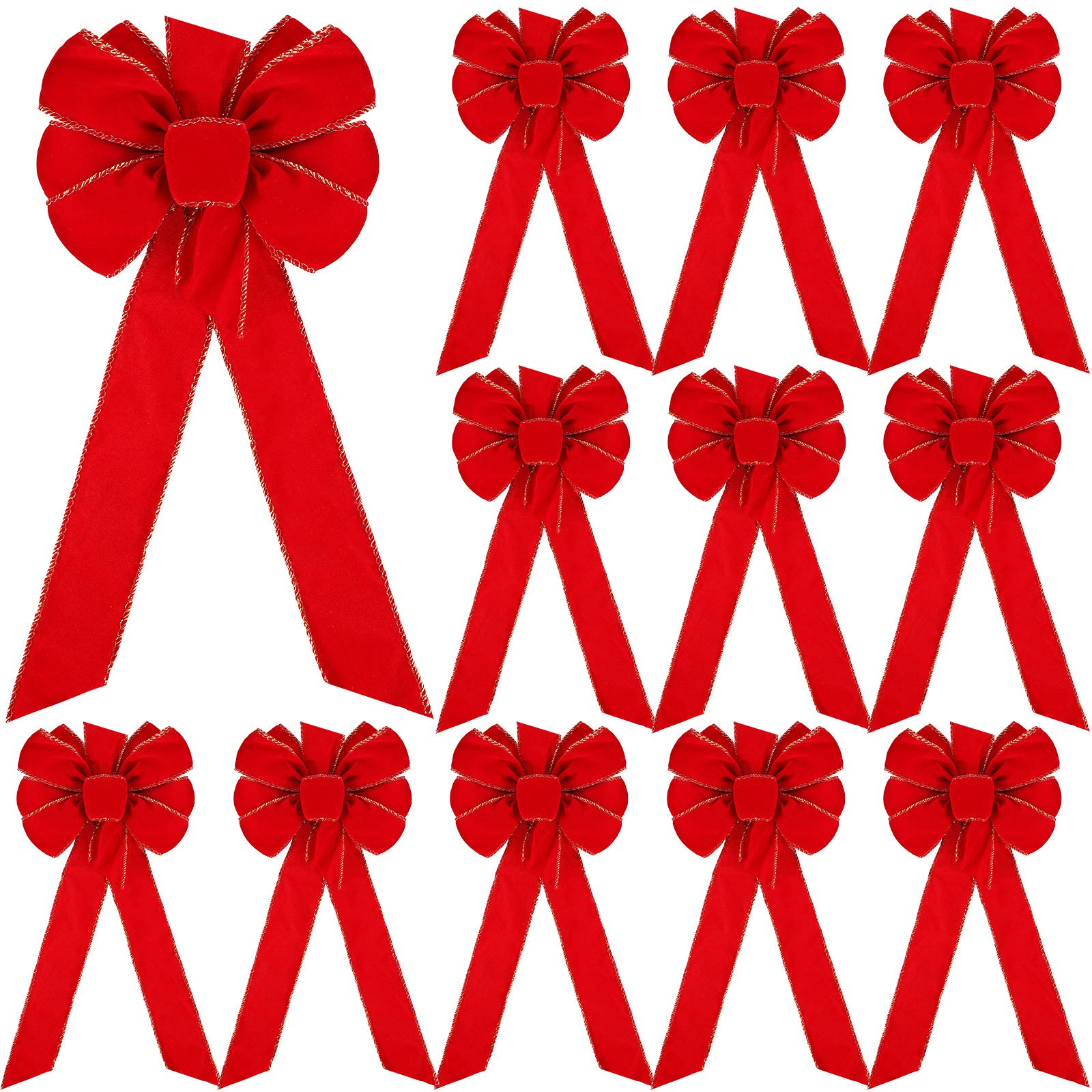 Red Velvet Christmas Bows with Gold Wired Edge - 12 Pack Premium Ribbon Bows for Holiday Wreaths, Tree Decorations & Festive Home Decor - Perfect for Xmas Gifts, Stockings & Mantel Decor