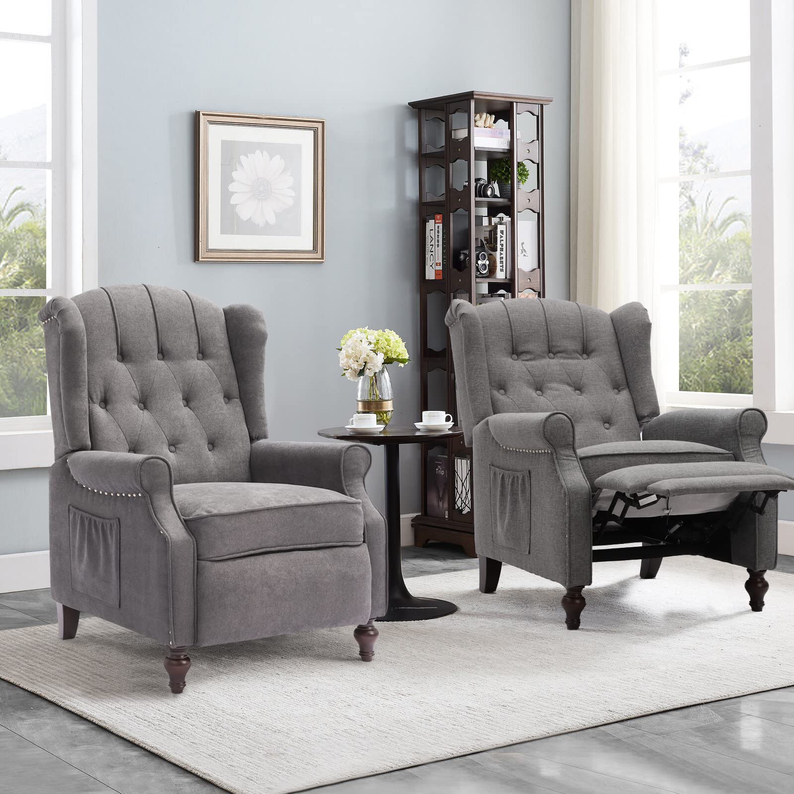 IPKIG Heated Massage Recliner Chair - Tufted Wingback Push Back Armchair with Side Pockets, Grey - Perfect for Living Room, Bedroom & Home Office Relaxation