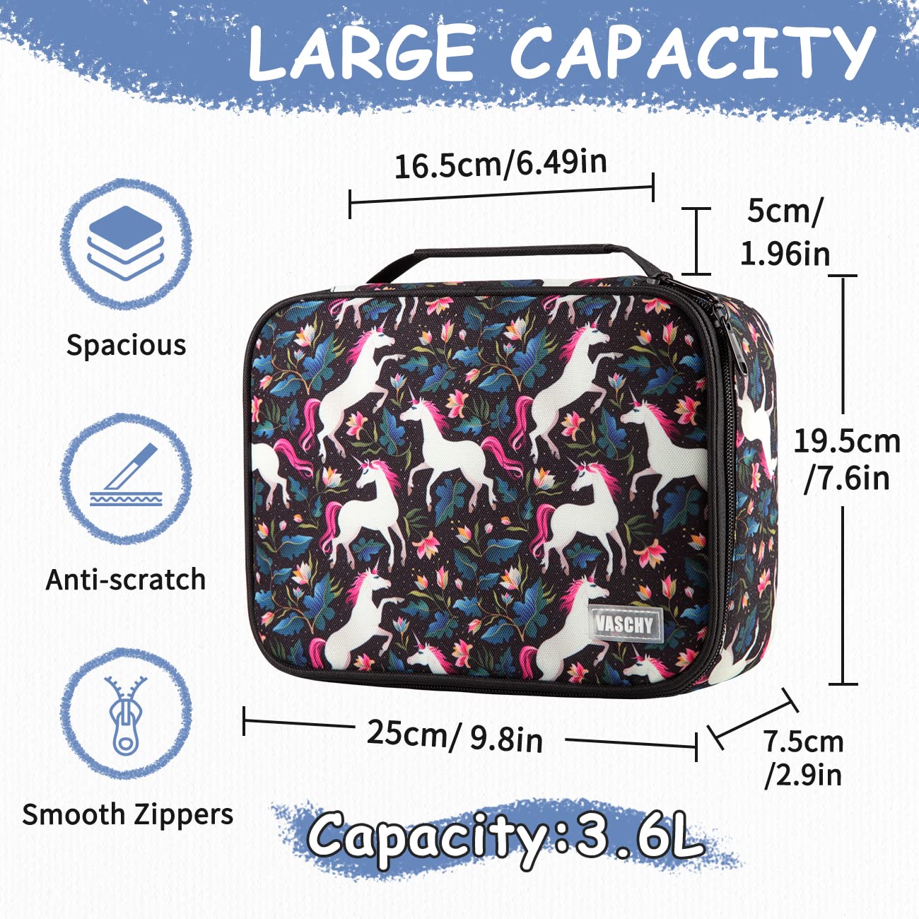 VASCHY Large Pencil Case with Detachable Pockets - for Art Supplies & School Stationery Organization - Black Unicorn Design