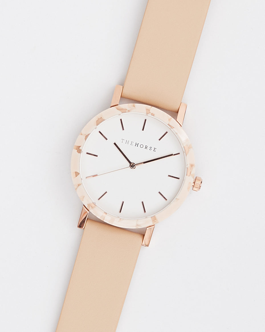 Peach Speckle Resin Watch Case - White Dial with Rose Gold Indexing & Vegetable Tan Leather Strap - Perfect for Casual, Office & Special Occasions