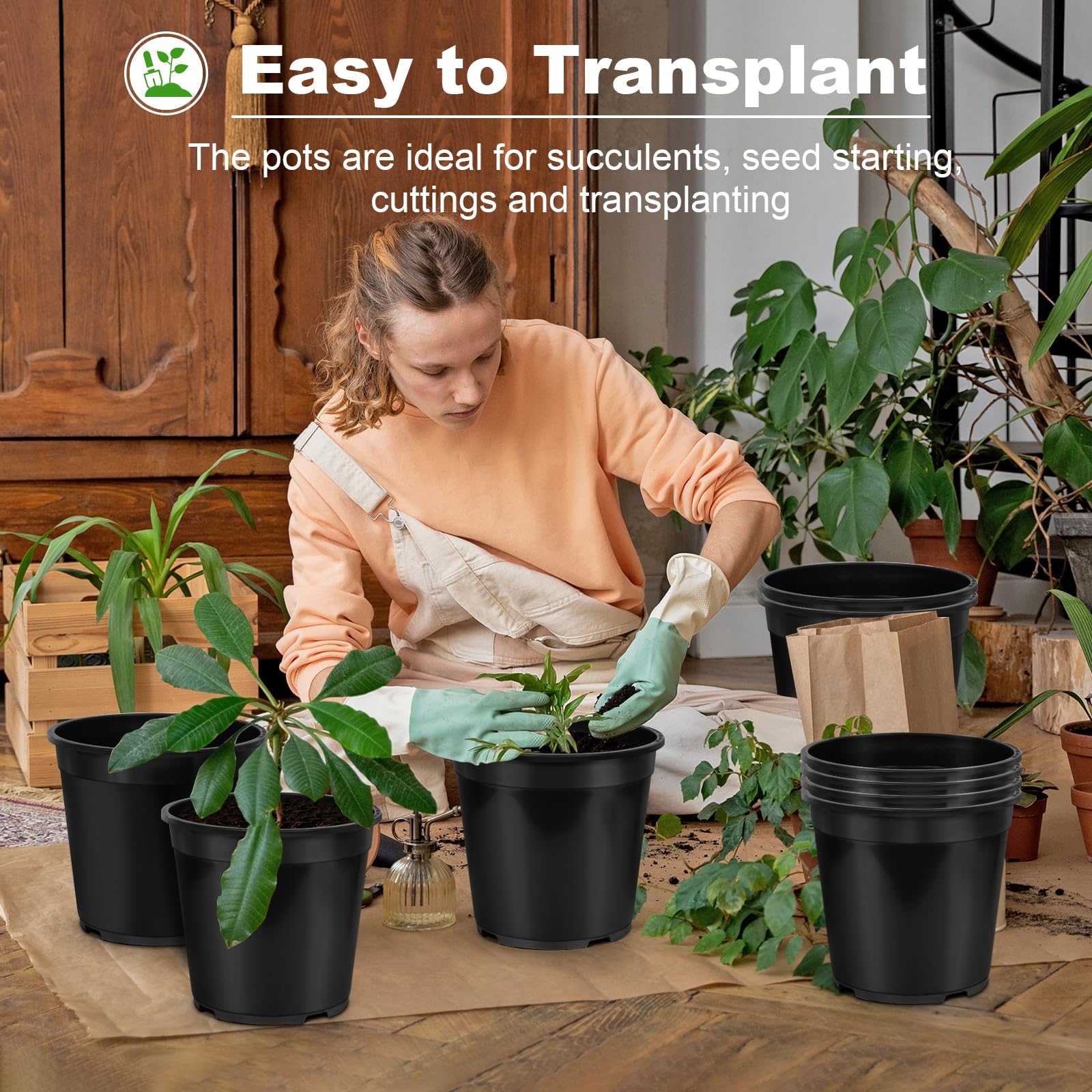 10 Pack 2 Gallon Plastic Plant Pots with Drainage Holes - Durable Flower Pots for Indoor & Outdoor Plants, Succulents, Herbs - Perfect for Gardening, Home Decor, and Landscaping