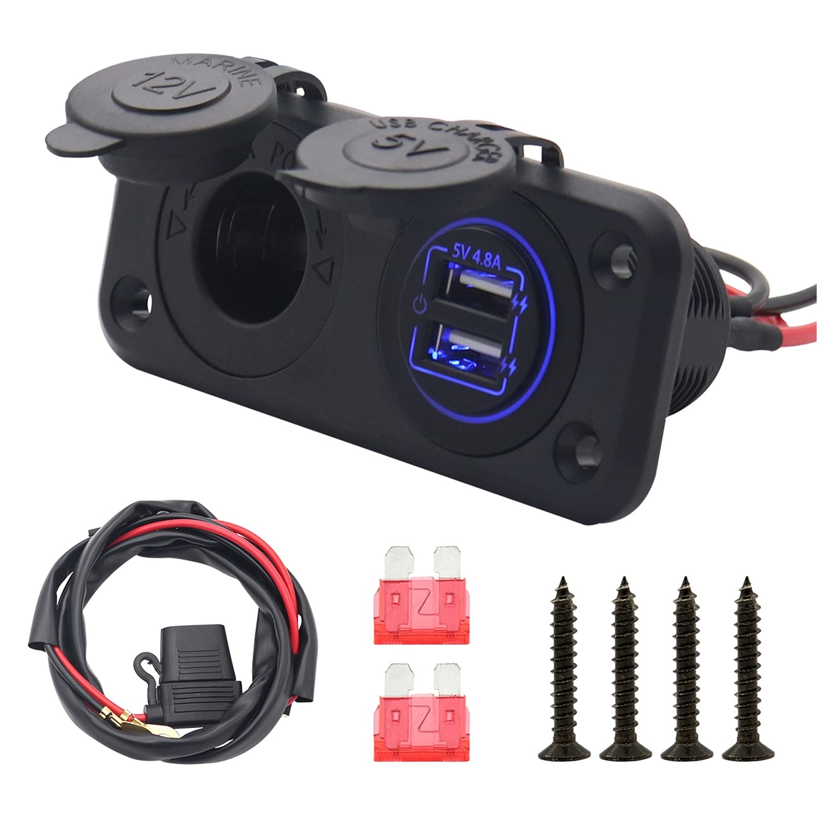 5V 4.8A USB Car Charger with Cigarette Lighter Socket - Touch Switch & 3.3ft Power Cable - Blue LED Light for Truck, RV, and Road Trips - Fast Charging for Phones, Tablets & GPS Devices