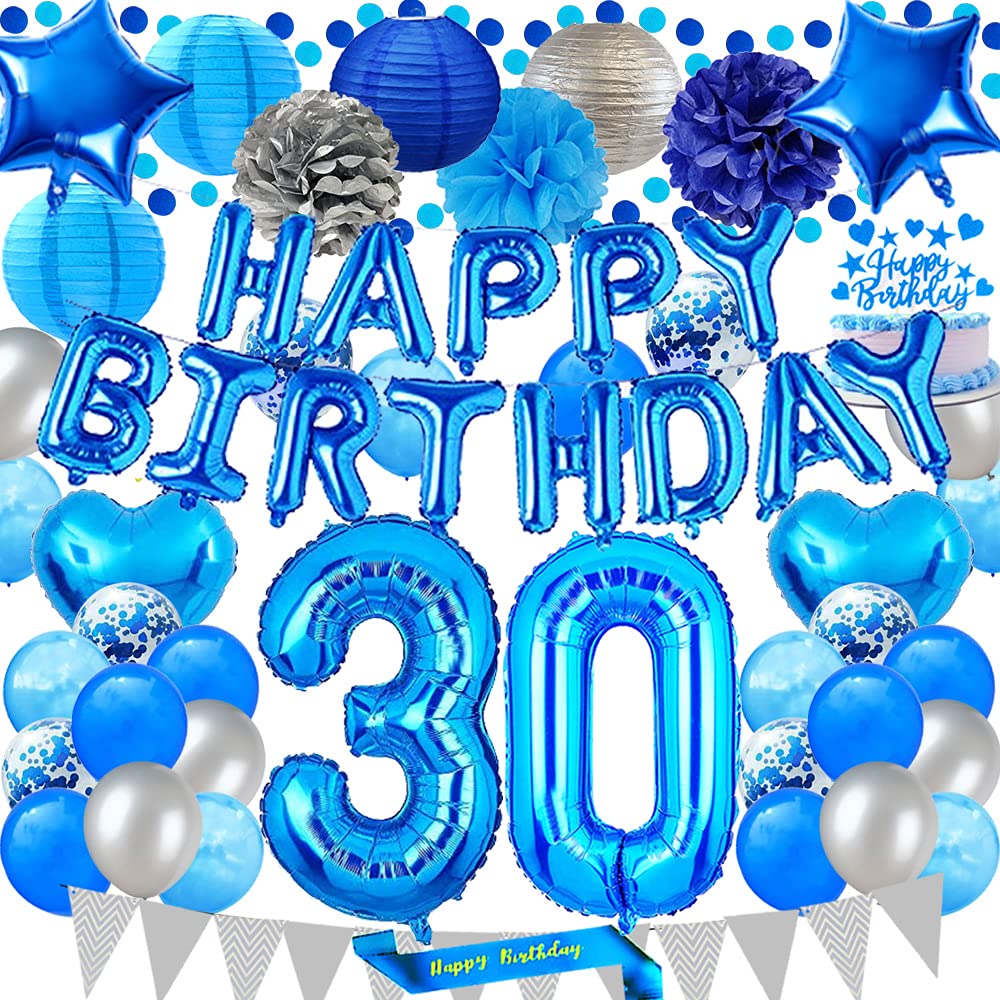 30th Birthday Party Decorations Set - Blue Happy Birthday Banner, Sash, Cake Topper, Number 30 Confetti, Latex Balloons & Paper Lanterns for 30 Years Old Celebration - Perfect for Milestone Birthday Parties, Anniversary Events & Special Occasions