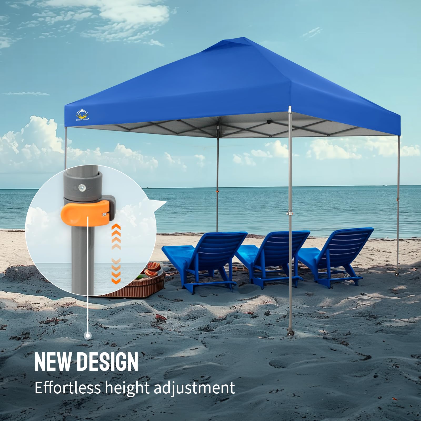 CROWN SHADES 10x10 Pop Up Canopy Tent - Adjustable Height Beach Shade with One Push Setup - Portable Outdoor Sun Shelter for Camping, Picnics, Backyard Parties - Includes STO-N-Go Carry Bag (Blue) | Perfect for Beach Days, Tailgating & Outdoor Events