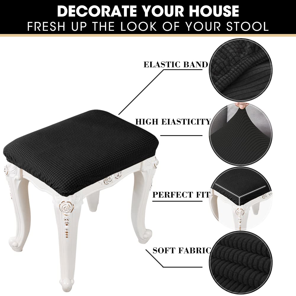 4 Pack Elastic Rectangle Bar Stool Covers - Jacquard Stretchable Vanity Stool Slipcovers for Wooden/Metal Counter Stools & Benches (Black) - Perfect for Kitchen, Dining Room & Home Decor