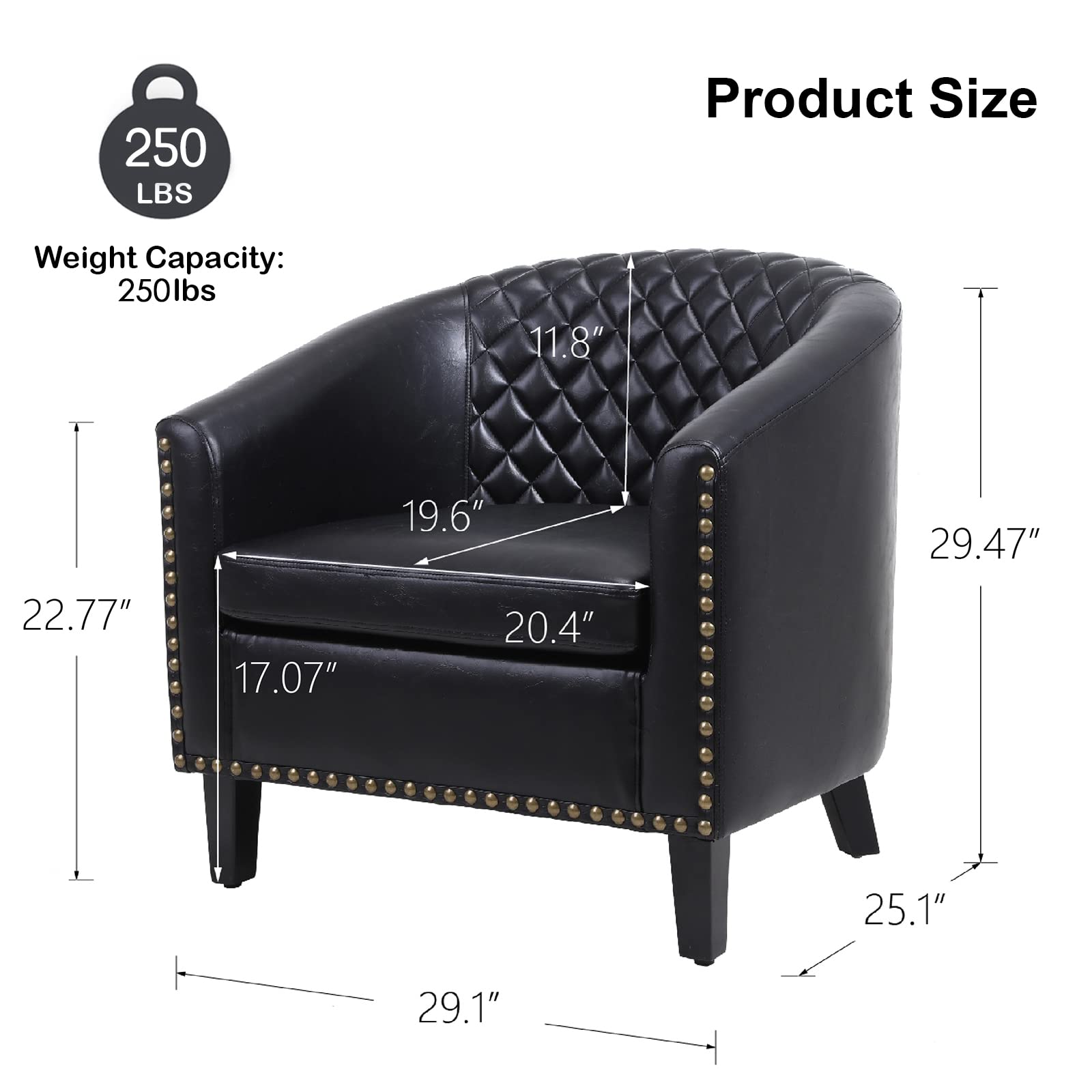 Henf Faux Leather Barrel Accent Chair - Mid Century Modern Armchair with Decorative Nailheads & Solid Wood Legs - Upholstered Living Room Club Chair for Reading, Lounging & Home Office - Perfect for Small Spaces & Apartment Decor