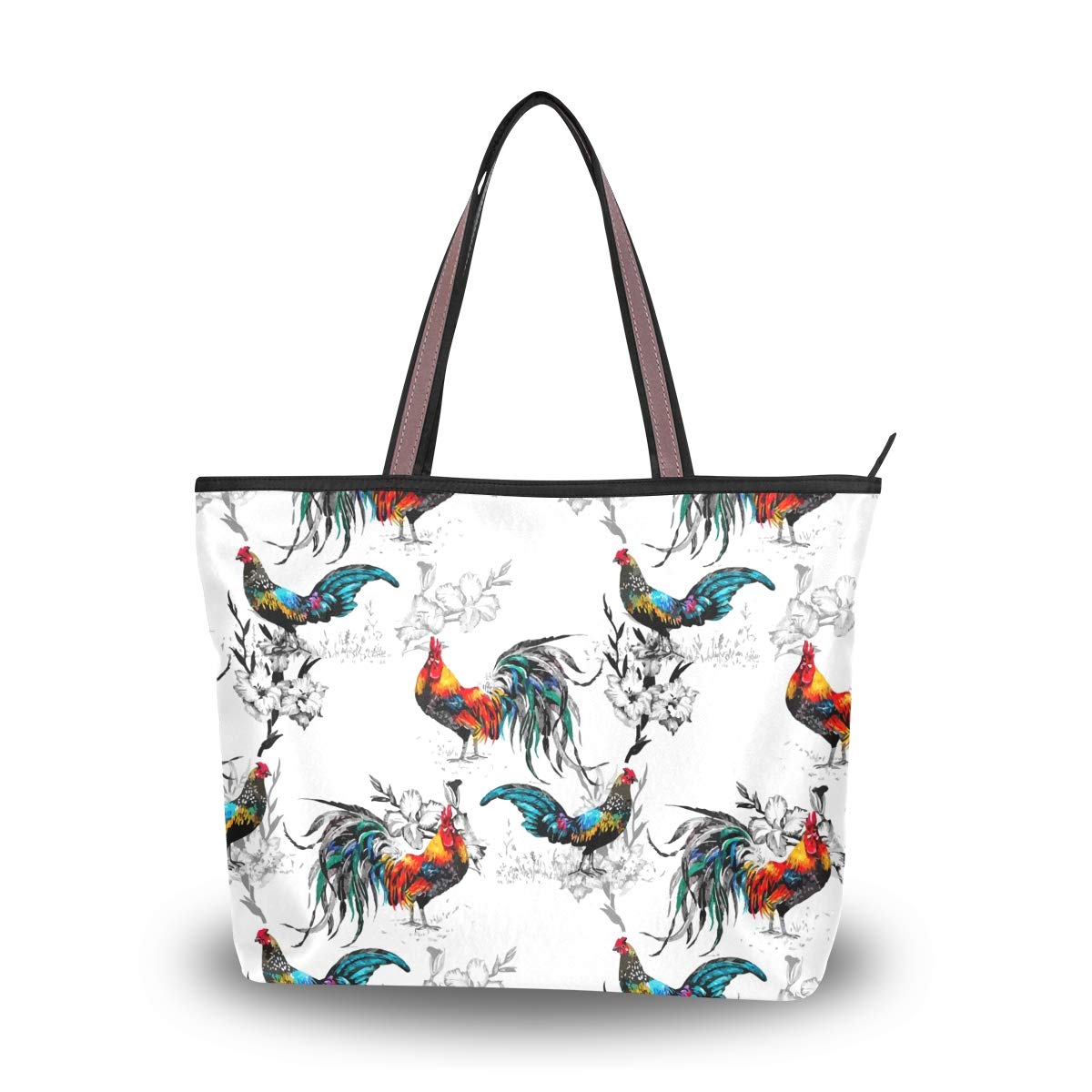 Stylish Women's Tote Bag with Top Handle & Shoulder Strap - Large Rooster Floral Print Zip Closure Handbag for Work, Travel & Shopping