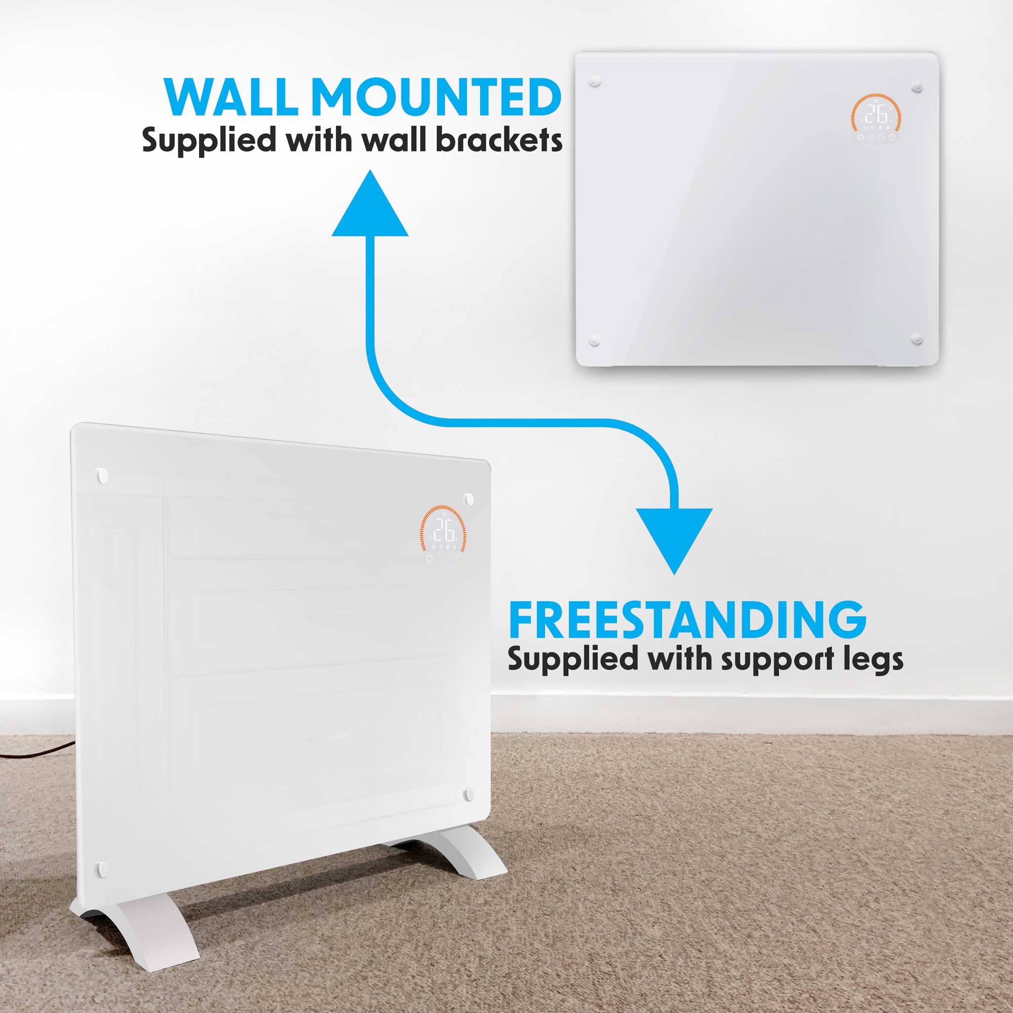 Baridi 1000W Smart WiFi Electric Glass Panel Heater with Remote Control & 24/7 Timer - White Space Saving Design for Bedroom, Office & Home Use - Model DH136