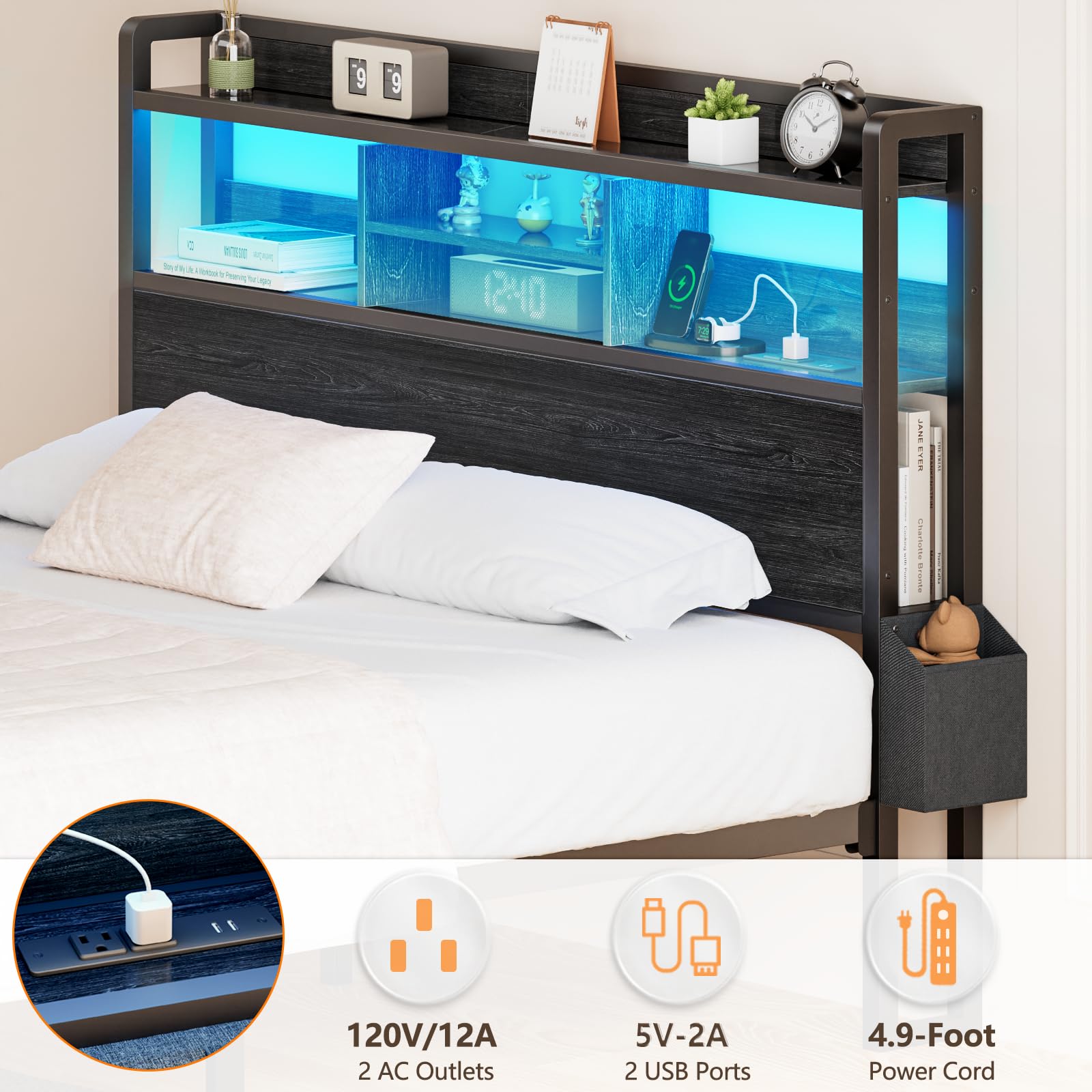 Full Size Bed Frame with Wood Headboard & Storage Drawers - Sturdy Metal Platform Bed with LED Lights, USB Charging Station & Shelf - No Box Spring Needed, Noise Free, Black - Perfect for Small Spaces, Dorms & Modern Bedrooms
