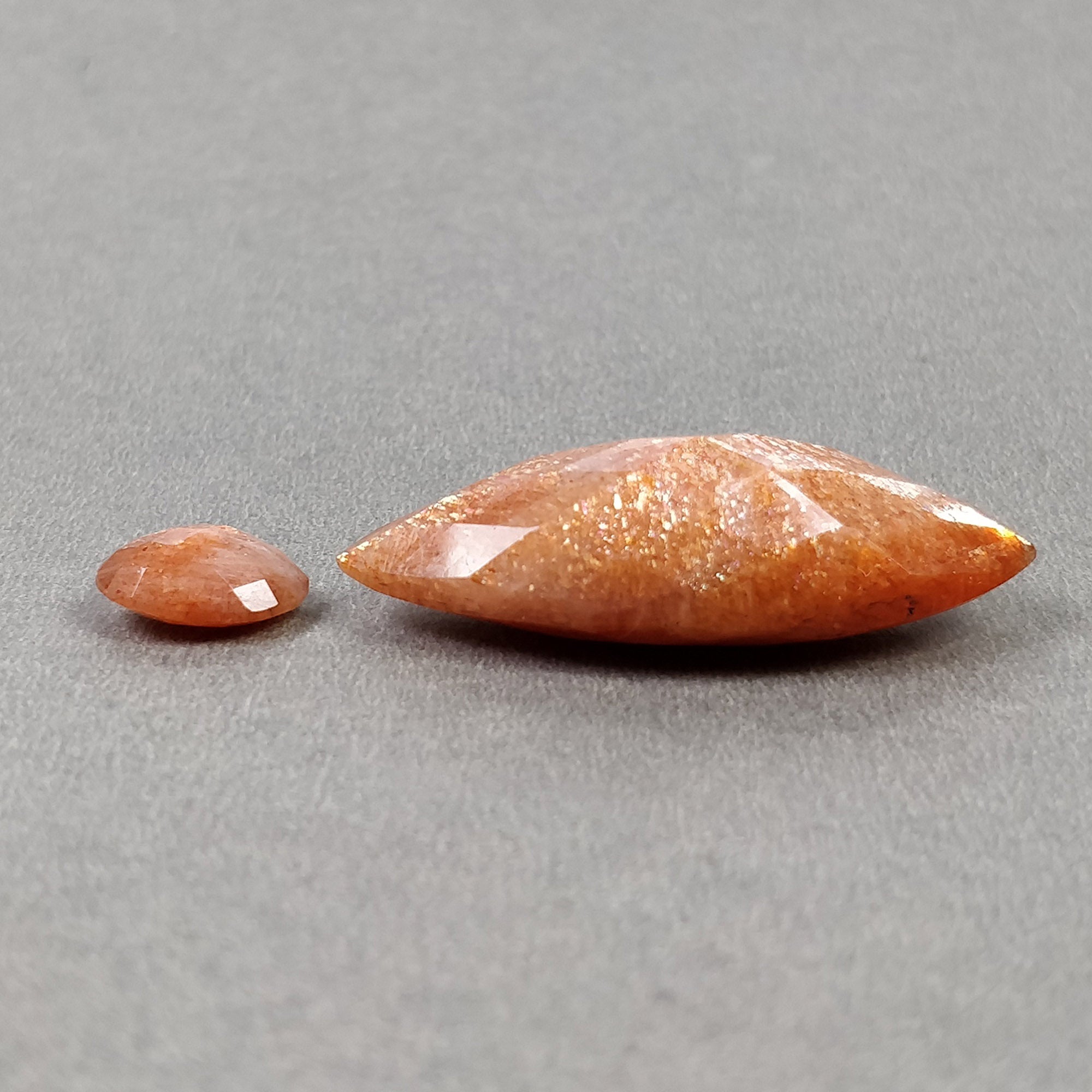 Natural Untreated Chatoyant Orange Sunstone Gemstone - 32.70cts Checker Cut Oval & Marquise Shape (11x8mm & 37x15.5mm) 2pc Set with Video - Perfect for Jewelry Making, Crystal Healing & Collector's Display