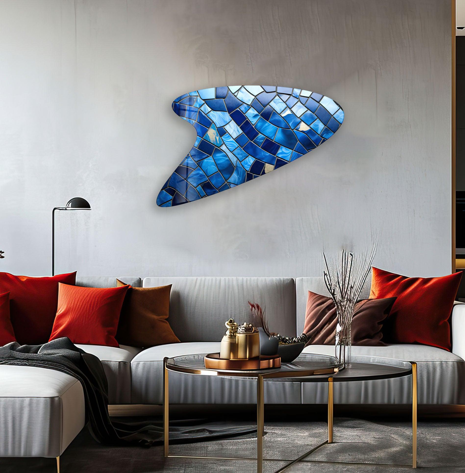 Handmade Blue Mosaic Glass Tiles - Irregular Shaped Wall Art Decor for Bathroom, Kitchen Backsplash & Outdoor Spaces