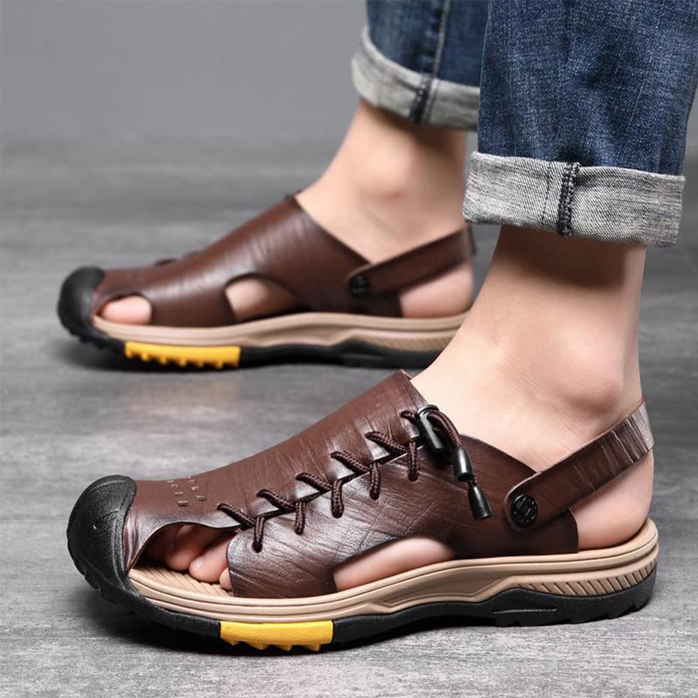 Recyphi Men's Closed Toe Sandals with Arch Support - Waterproof Leather Beach Shoes for Summer - Perfect for Walking, Travel & Outdoor Activities
