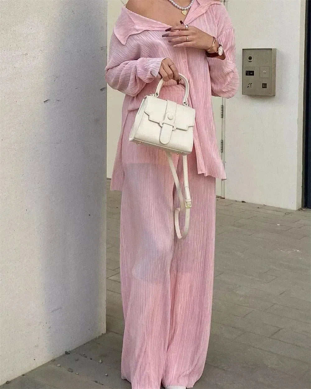 Women's Pleated Two Piece Pants Set - Stylish High Waist Trousers & Top Outfit for Work, Office & Casual Wear | Perfect for Business Meetings, Dating & Daily Fashion