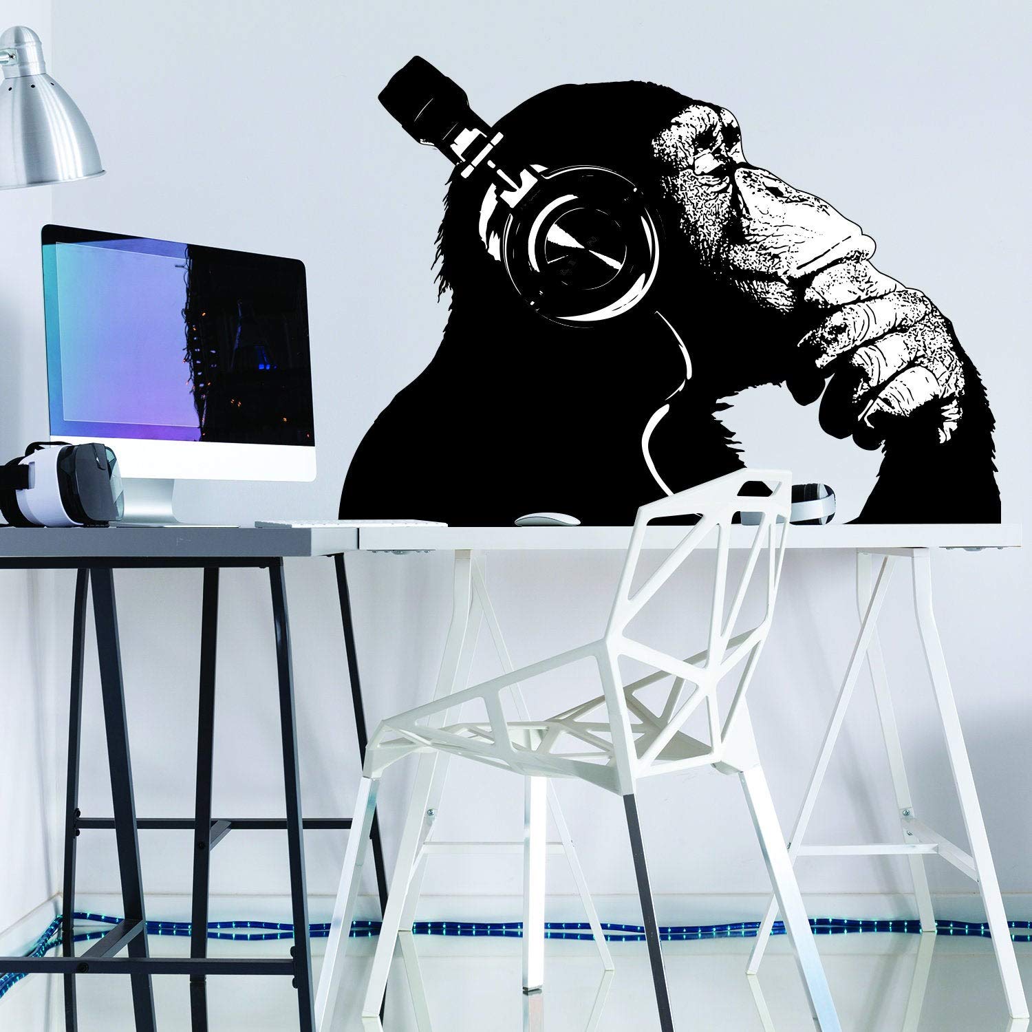 Banksy DJ Chimp Wall Art Sticker - The Thinker Gorilla with Headphones Graffiti Decal - Urban Street Art Mural Print for Home & Office Decor - Perfect for Bedroom, Living Room & Music Studio