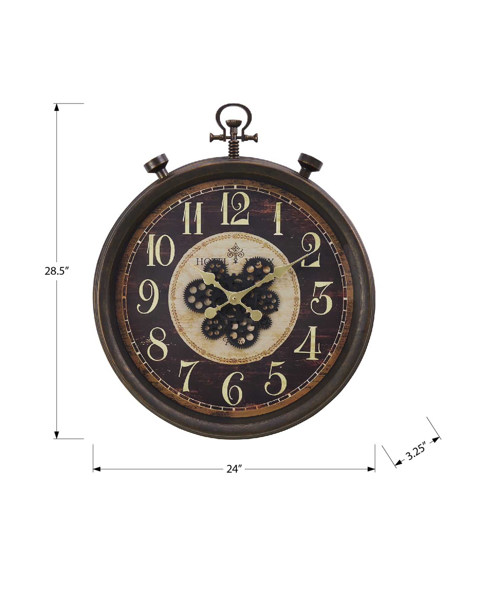 24 Inch Round Brown Wall Clock with Vintage Gear Mechanism - Traditional Style Home Decor for Living Room, Bedroom & Office