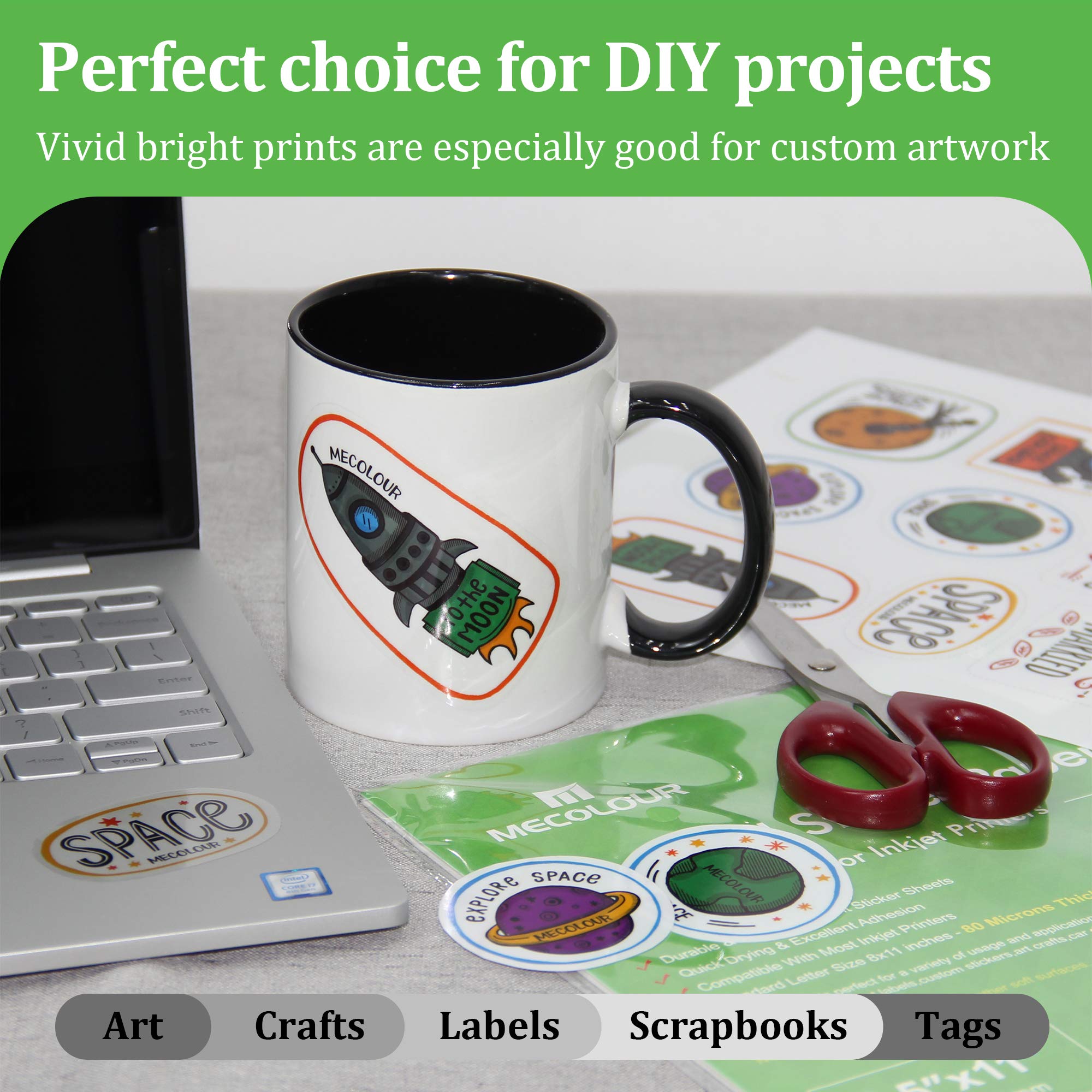 MECOLOUR Clear Sticker Paper for Inkjet Printer - 95% Transparent 8.5x11 Inch Waterproof Labels - 20 Sheets for DIY Crafts, Scrapbooking & Product Packaging