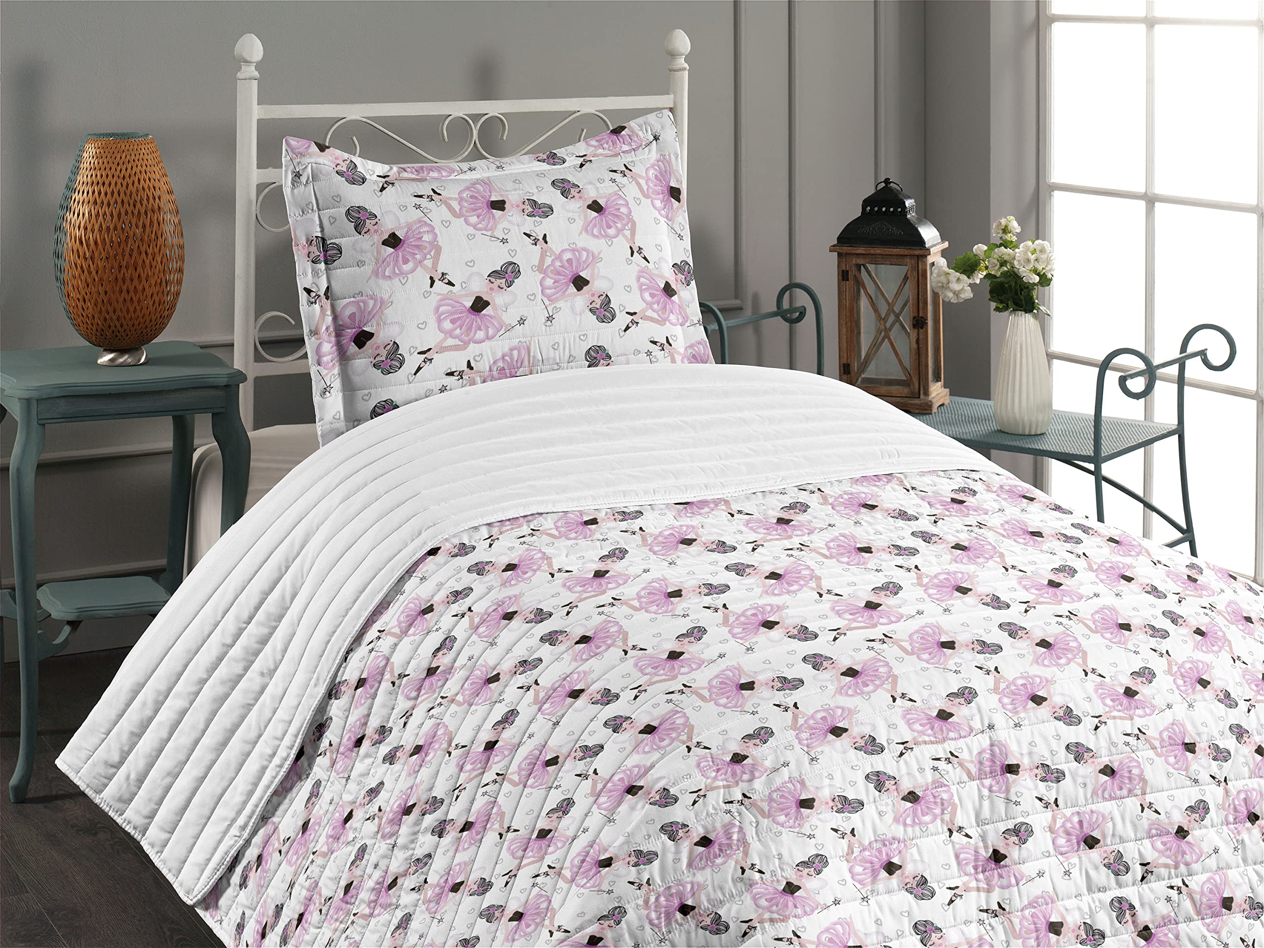 Ambesonne Ballet Microfiber Bedspread Set - Twin Size Peach Pink White | Ballerina Character Design with Wand, Soft Cartoon Pattern Fantasy Art Print | Includes Comforter & Pillow Shams | Perfect for Girls' Bedrooms, Ballet Themed Decor, and Fantasy Lovers