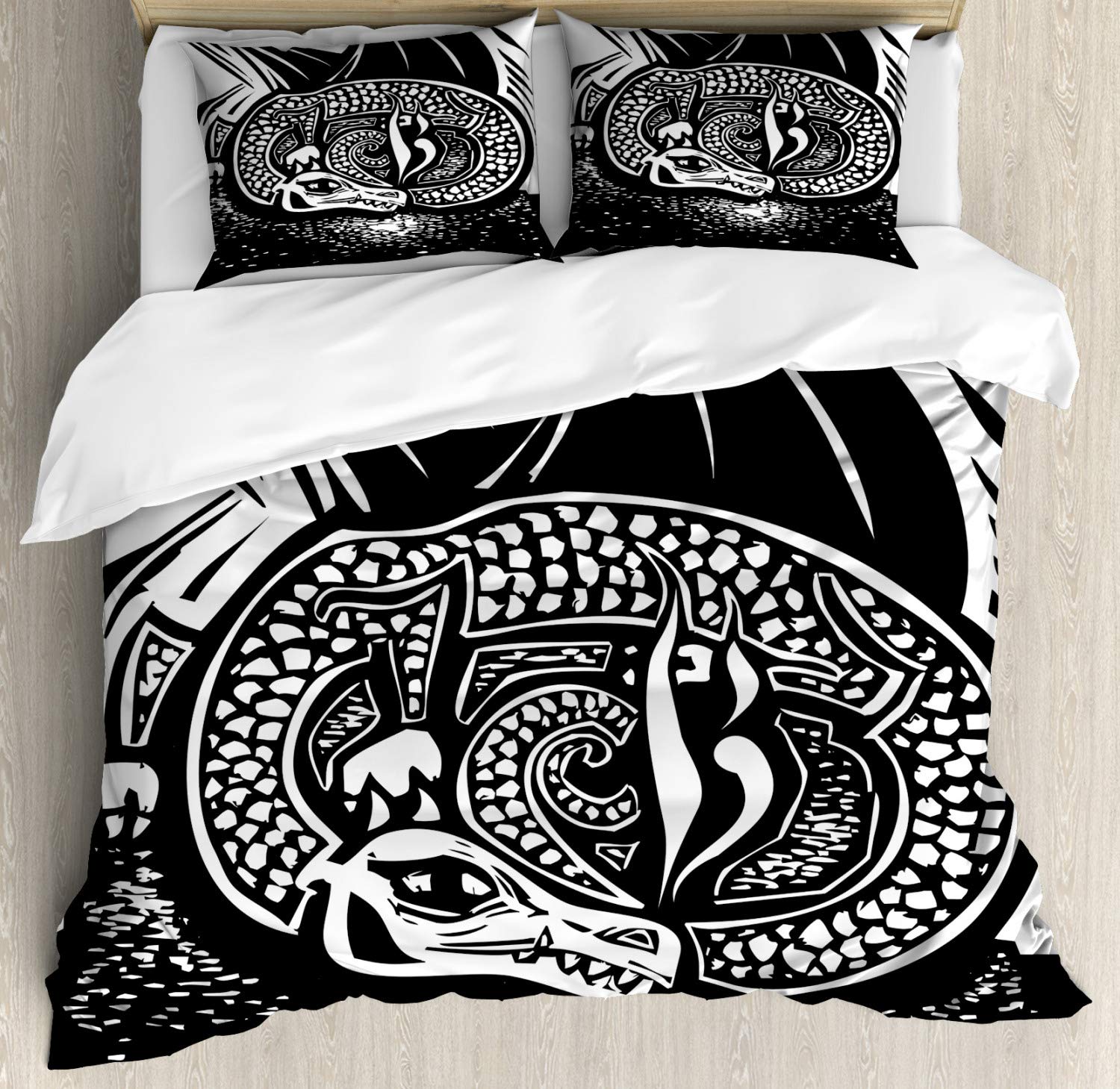 Ambesonne Dragon Duvet Cover Set King Size - Black and White Fantasy Dragon Illustration Bedding with 2 Pillow Shams - 3 Piece Luxury Bedding Set for Gothic & Fantasy Themed Bedrooms - Perfect for Game Rooms, Dorm Decor or Medieval Style Home Decor