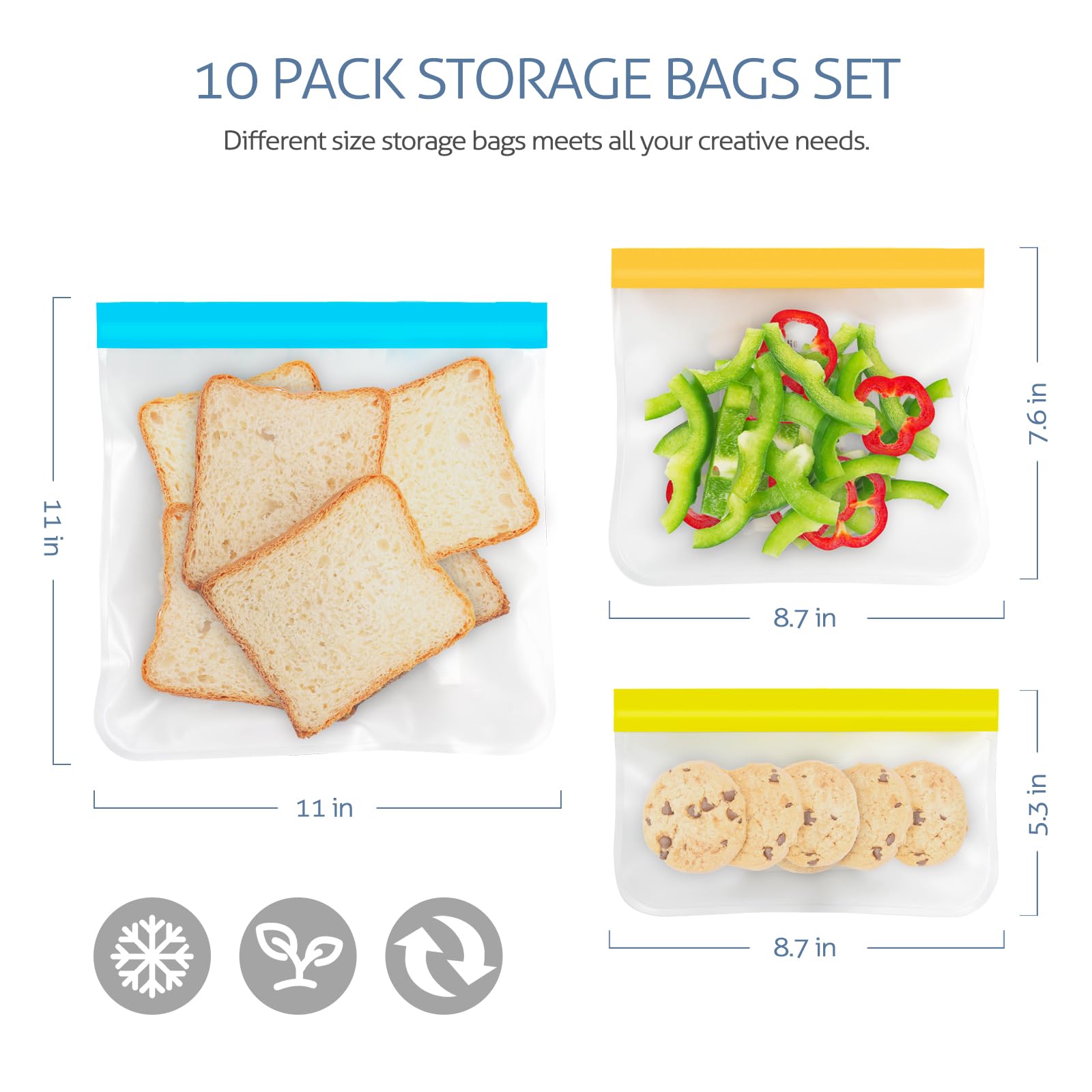 Eco-Friendly Reusable Silicone Food Storage Bags - 10 Pack Dishwasher Safe Freezer Bags (3 Sizes) for Meal Prep, Marinating Meats, Snacks & Travel | Perfect for Kitchen Organization & On-the-Go Lunches