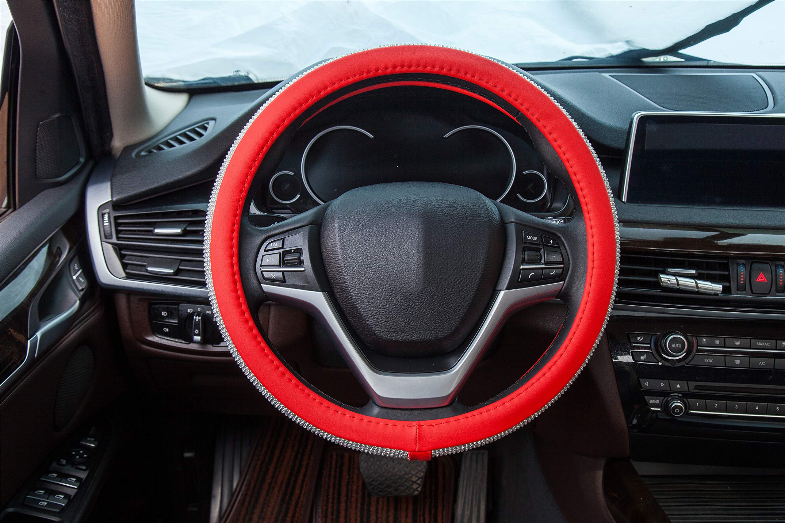 Diamond Leather Steering Wheel Cover with Crystal Rhinestones - Universal 15 Inch Fit for Cars, SUVs & Trucks | Luxury Car Accessory for Women & Girls (Red) - Perfect for Daily Commute & Road Trips