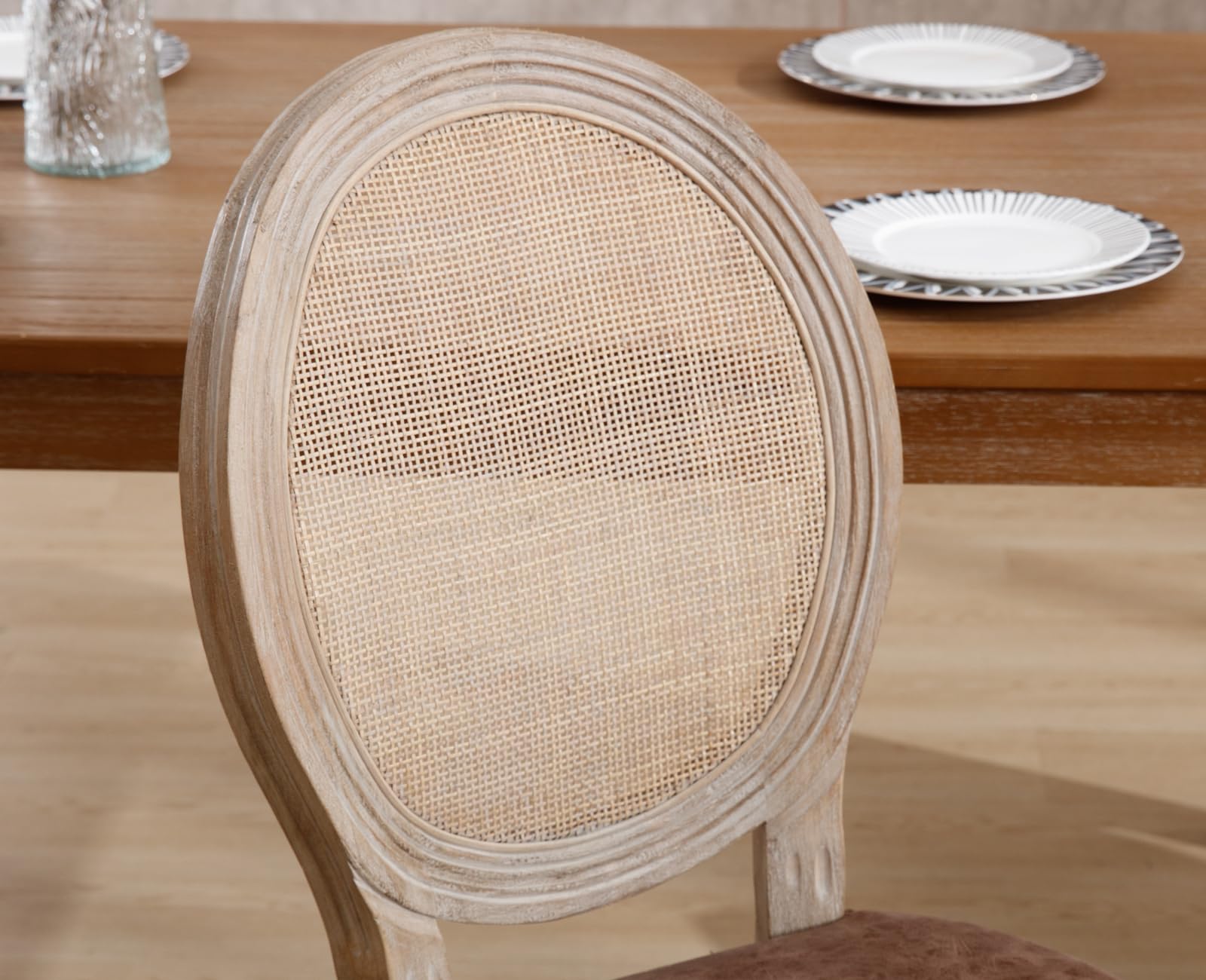 Farmhouse Rattan Dining Chairs Set of 2, Brown Leather French Country Style Round Back Side Chairs for Kitchen, Restaurant, Dining Room & Living Room - Perfect for Indoor Dining, Entertaining Guests & Home Decor