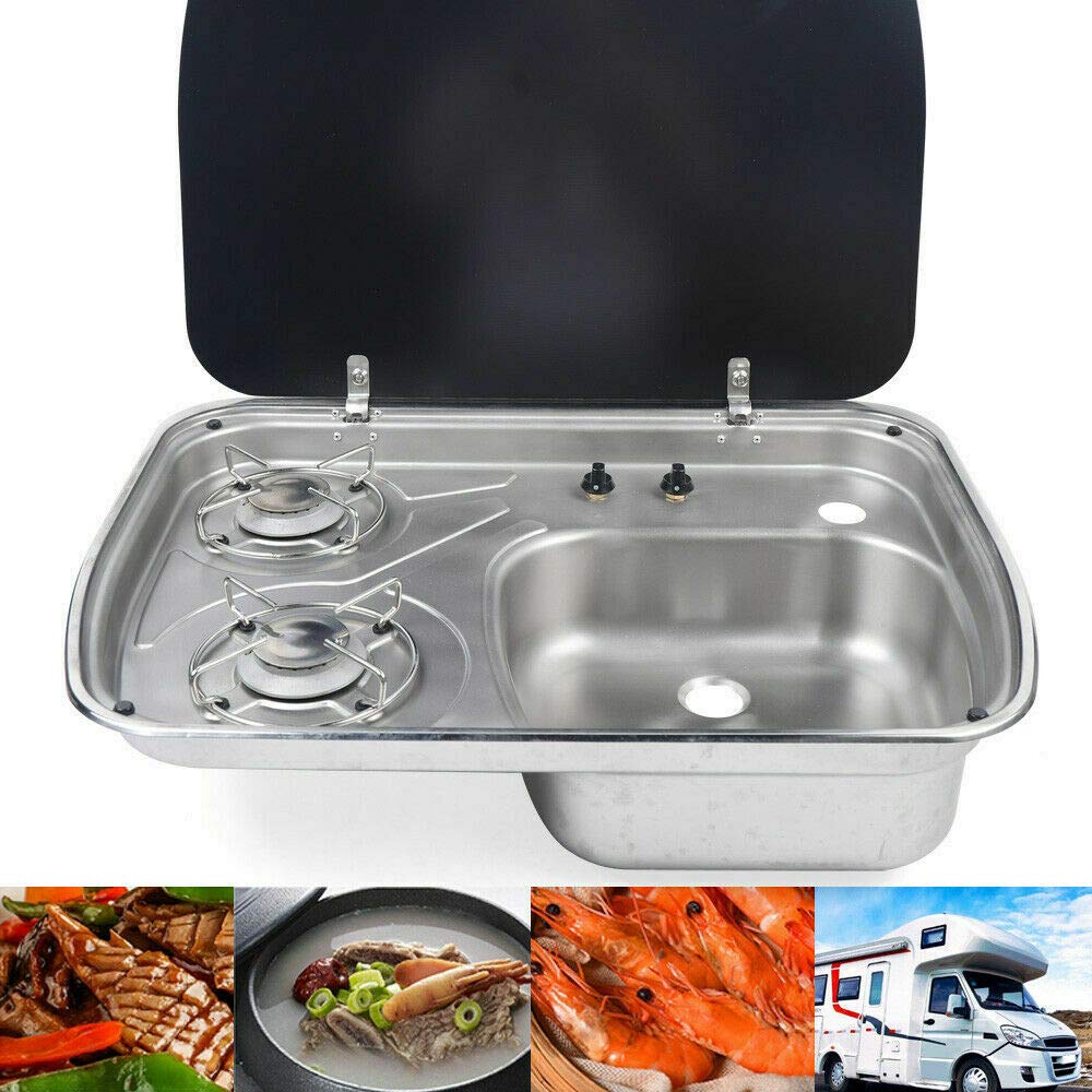 2 Burner Portable Gas Stove for RV, Camper & Boat - Black LPG Cooktop with Tempered Glass Lid & Sink Combo | Outdoor Cooking for Camping, Caravan & Motorhome Adventures