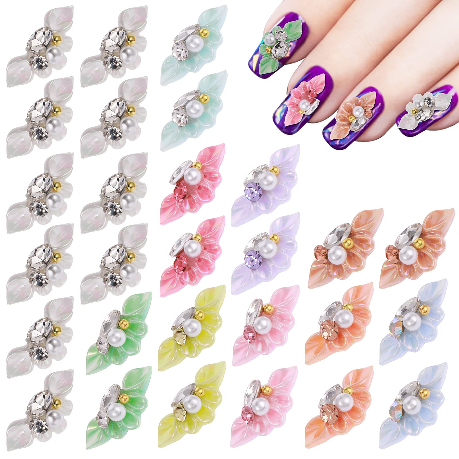 3D Nail Charms - 28Pcs Flower Nail Art Decorations with Rhinestones, Pearls & Crystals for DIY Acrylic Nails - Perfect for Nail Art Designs, Salon Manicures & Home Nail Care