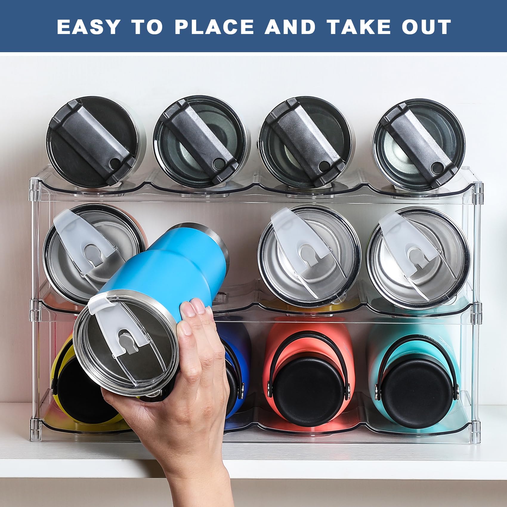 3 Tier Stackable Water Bottle Organizer Holder for Cabinet - Clear Plastic Storage Rack for Stanley 40 oz Tumblers & Large Cups - Space Saving Kitchen Countertop, Pantry, Fridge Organizer (Holds 12 Bottles) - Perfect for Home, Office, Dorm & RV Organization
