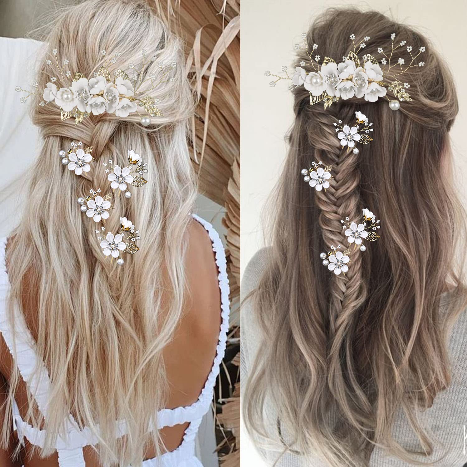 5 PCS Gold Crystal Pearl Wedding Hair Pins - Rhinestone Bridal Hair Clips Headpiece for Brides, Bridesmaids, Women & Girls - Perfect for Updos, Weddings, Prom & Special Occasions (Pure White Flower)