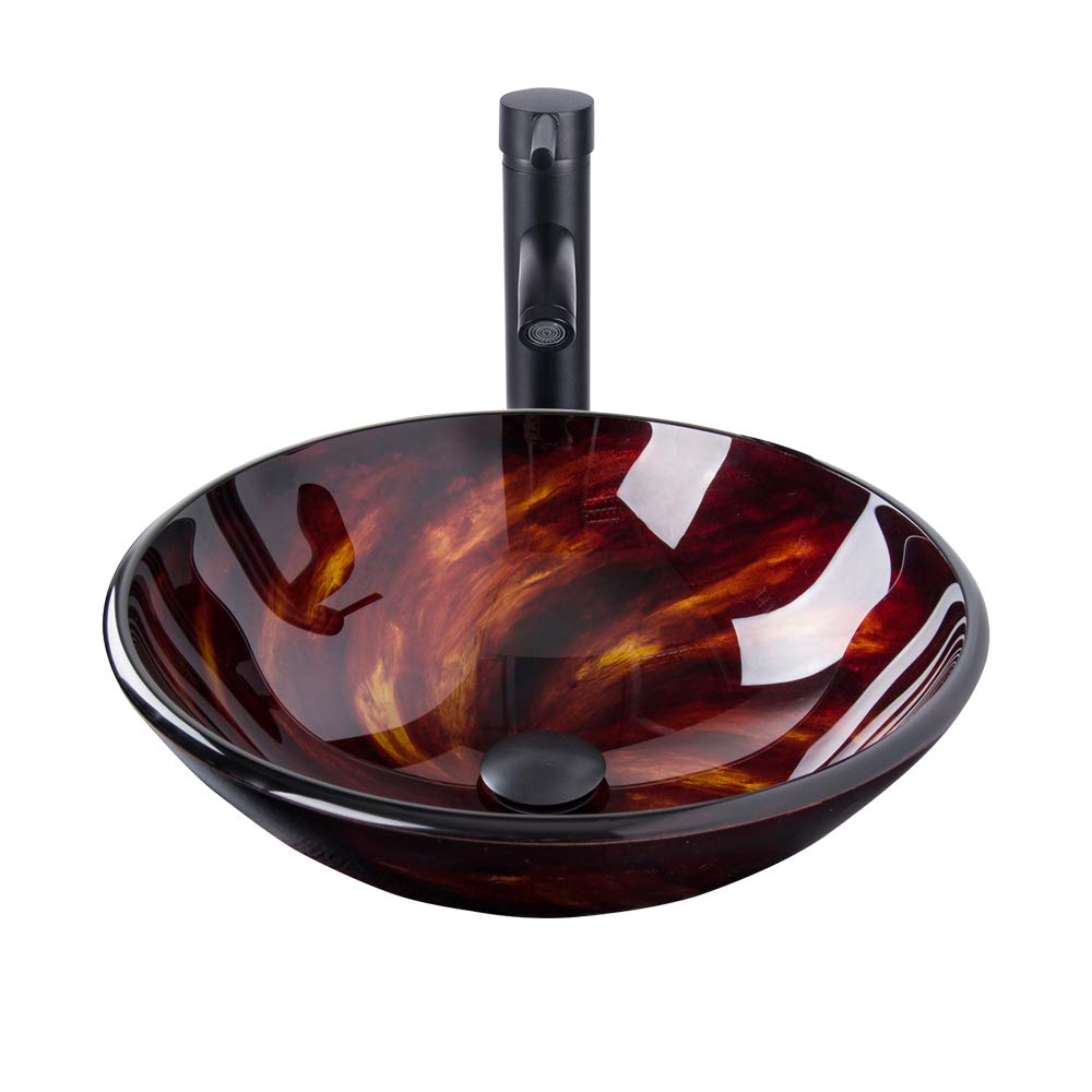 Elecwish Round Artistic Glass Vessel Sink with Oil Rubbed Bronze Faucet & Pop-up Drain - Modern Bathroom Vanity Top (1/2