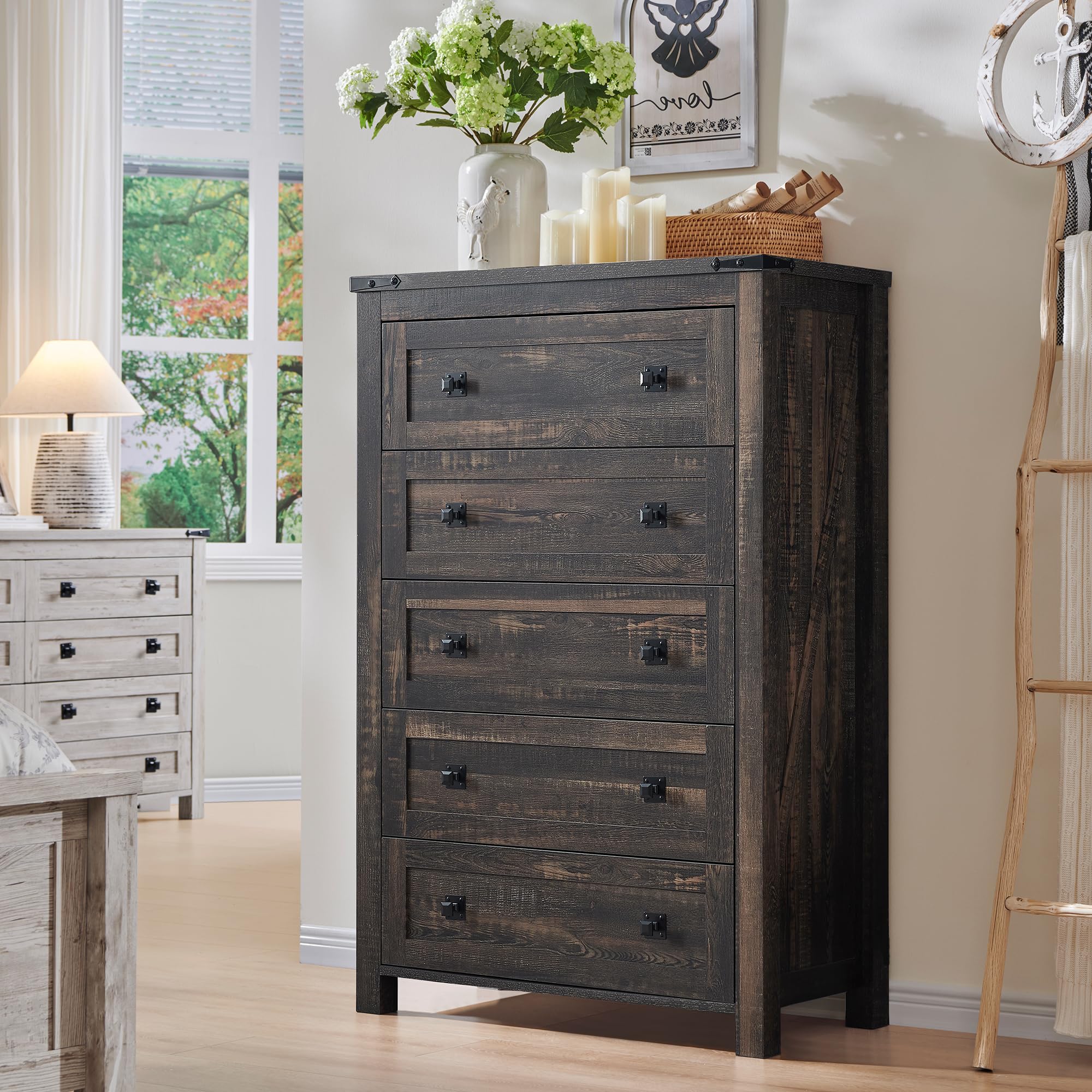 T4TREAM 5-Drawer Farmhouse Dresser - Rustic Wood Tall Chest of Drawers for Bedroom Storage | Dark Oak Organizer for Clothes, Linens & Home Decor | Perfect for Master Bedroom, Guest Room & Hallway Organization