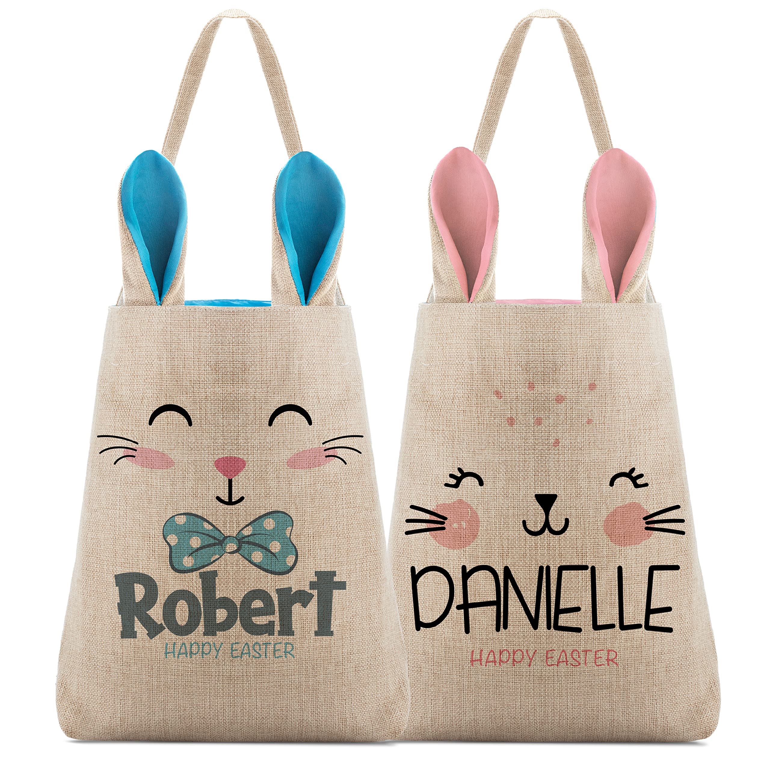 Personalized Easter Basket Set of 2 for Girls & Boys - Custom Name, Blue/Pink Bunny Ears, 8 Design Options - Easter Egg Tote Bags with Handle - Perfect for Easter Egg Hunts, Candy Storage & Kids Easter Gifts