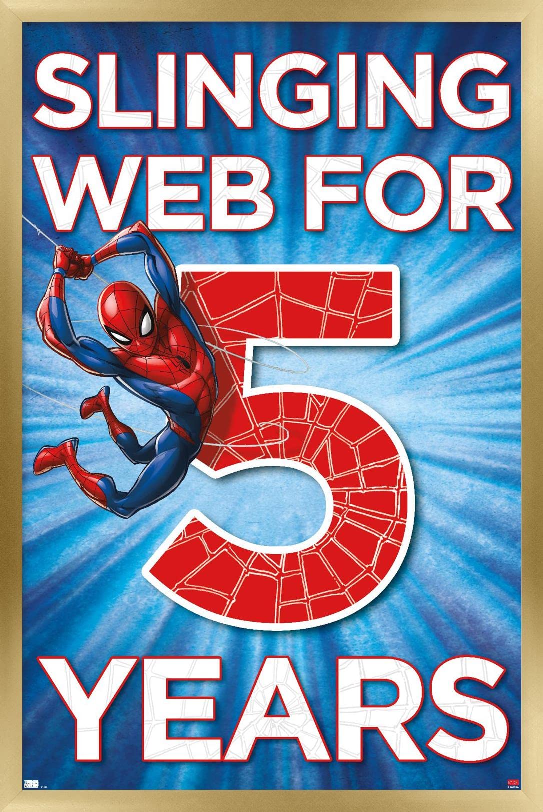Marvel Spider-Man Happy 5th Birthday Gold Framed Wall Poster 22.4x14.7 Inches - Perfect for Kids Room Decor, Birthday Party Backdrop & Superhero Themed Events