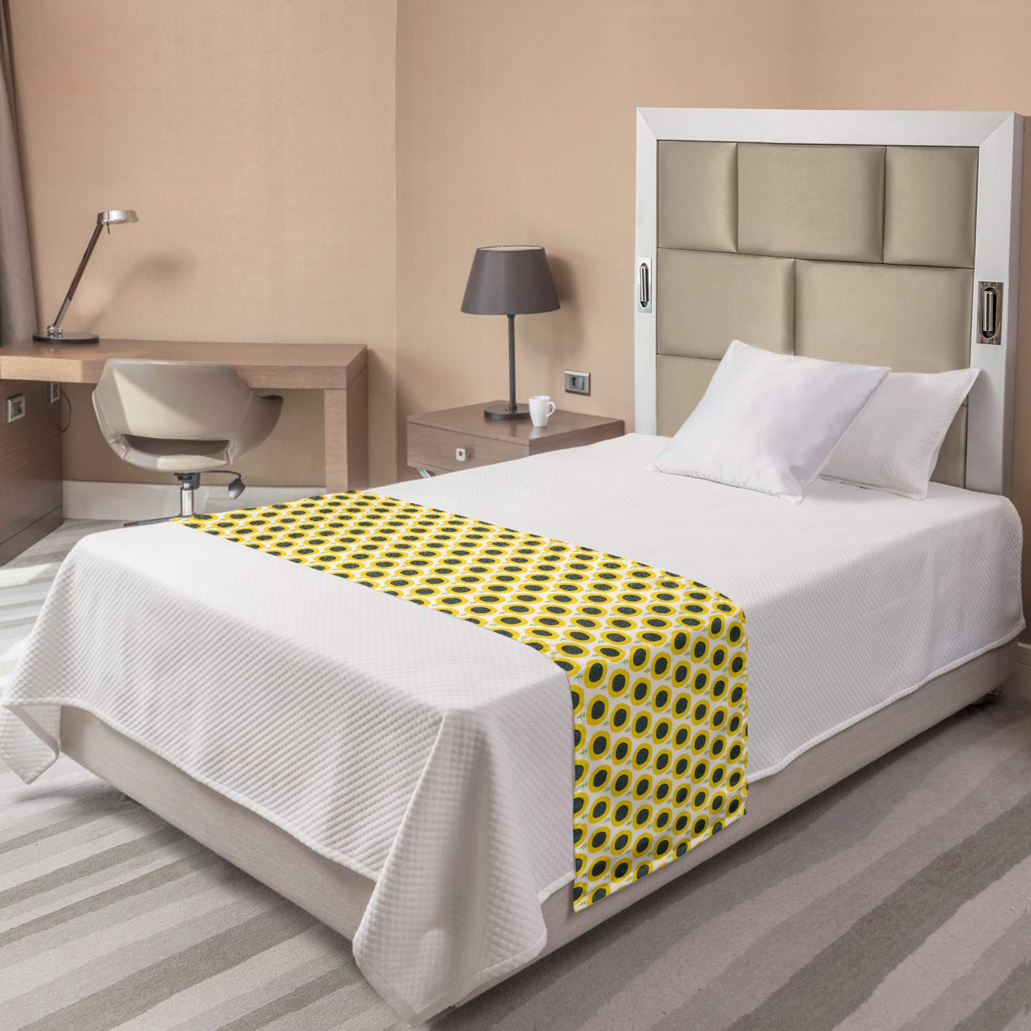 Ambesonne Floral Bed Runner - Sunflower Design Decorative Bed Scarf for Twin Beds, Dark Teal Green & Yellow - Perfect for Hotels, Homes & Guestrooms | Farmhouse Decor, Boho Bedroom Accent, Playroom Styling