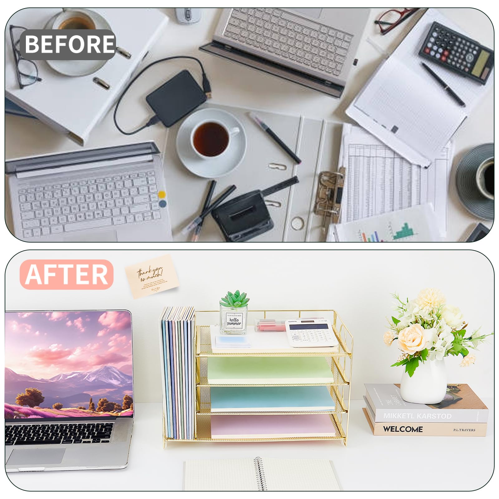 OPNCIE 4-Tier Paper Letter Tray File Organizer - Gold Office Desk Organizer for Documents, Files & Supplies | Perfect for Classroom, Home Office & Workspace Organization | Elegant Storage Solution for Papers, Mail & Office Accessories