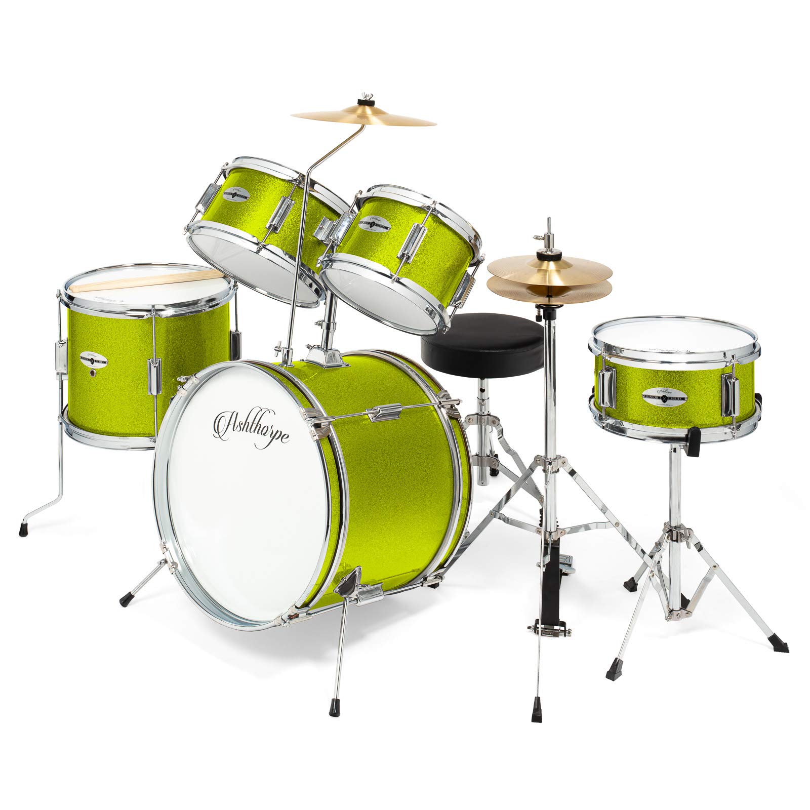 Ashthorpe 5-Piece Complete Junior Drum Set with Genuine Brass Cymbals - Beginner to Advanced Drum Kit with 16