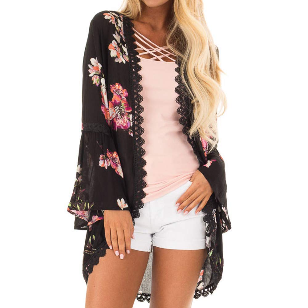 Women's Casual Chiffon Cardigan - Long Sleeve Lace Kimono Cover Up Blouse Top for Spring/Summer | Lightweight Beach Wrap, Evening Cover-Up, Boho Outfit Layering Piece