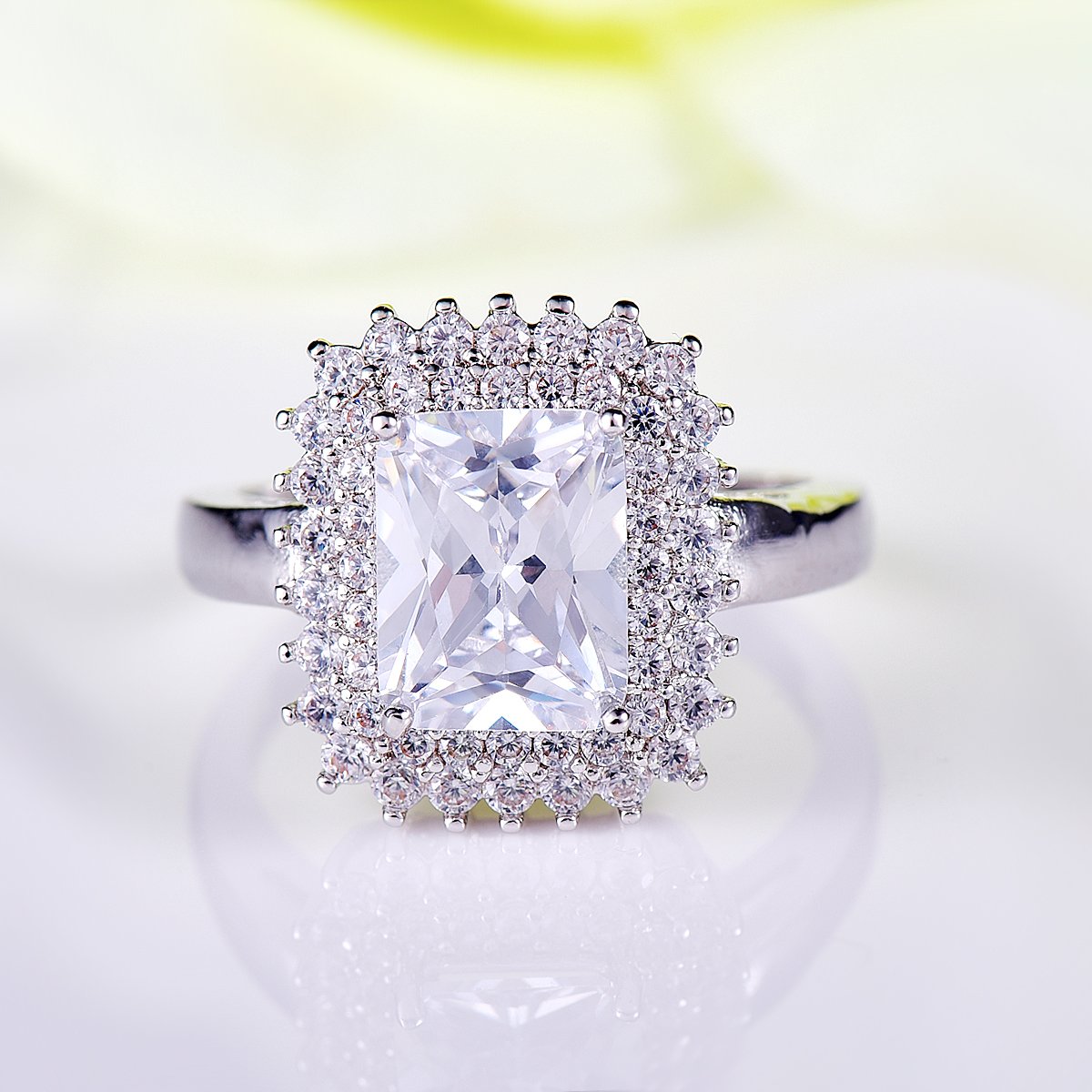 925 Sterling Silver Plated Rainbow Topaz Double Halo Ring for Women - Elegant Simulated Gemstone Jewelry for Engagement, Anniversary & Special Occasions