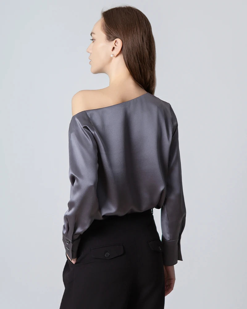 Elegant One Shoulder Long Sleeve Silk Blouse for Women - Luxury Party Wear & Evening Dress - Perfect for Date Nights, Cocktail Parties & Special Occasions
