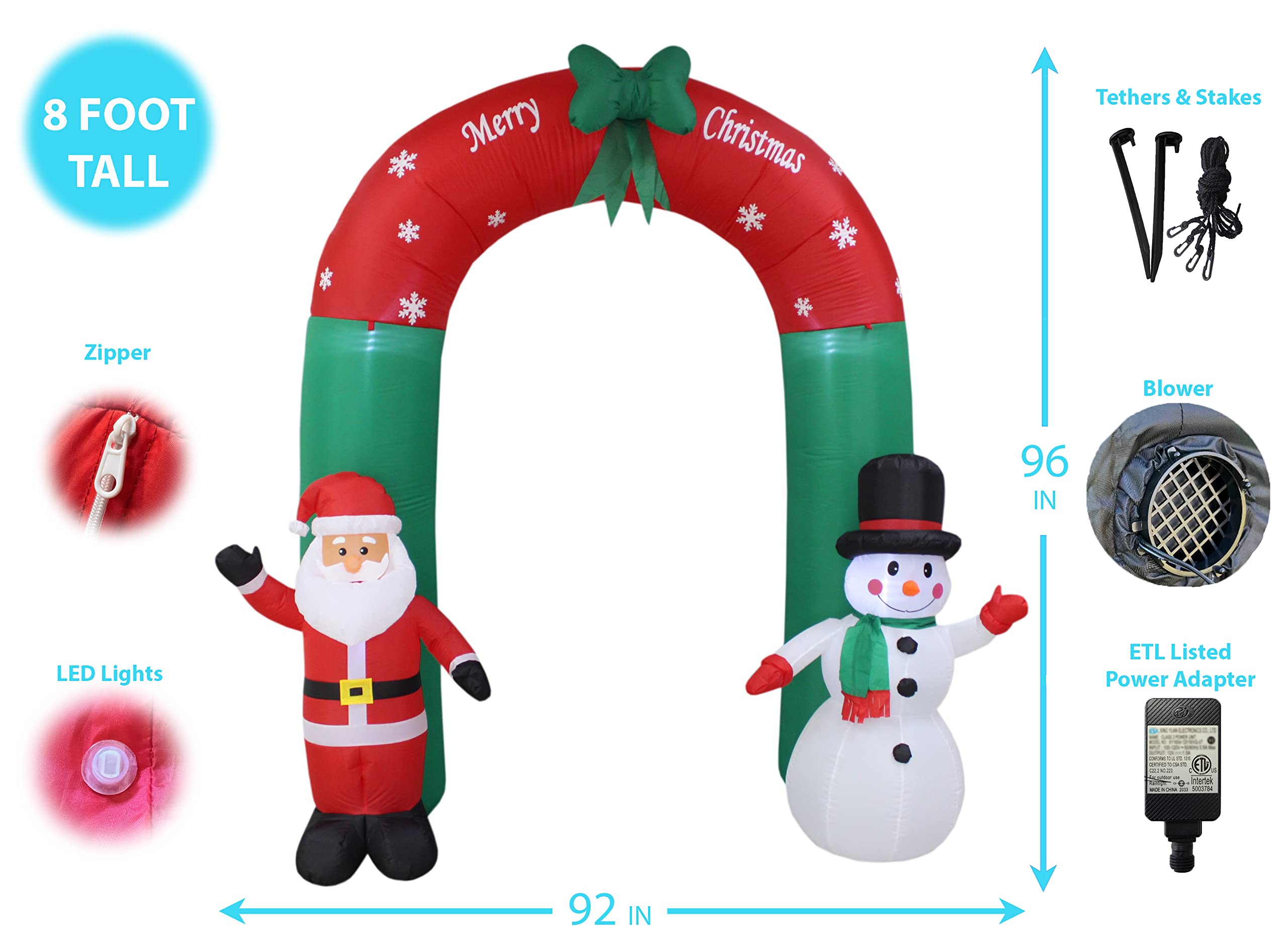8ft Lighted Christmas Inflatable Santa Claus & Snowman Archway with Bow + 6ft Happy Birthday Cake with Candles - Holiday & Party Decor Bundle for Indoor/Outdoor Christmas Decorations, Birthday Celebrations, and Festive Events