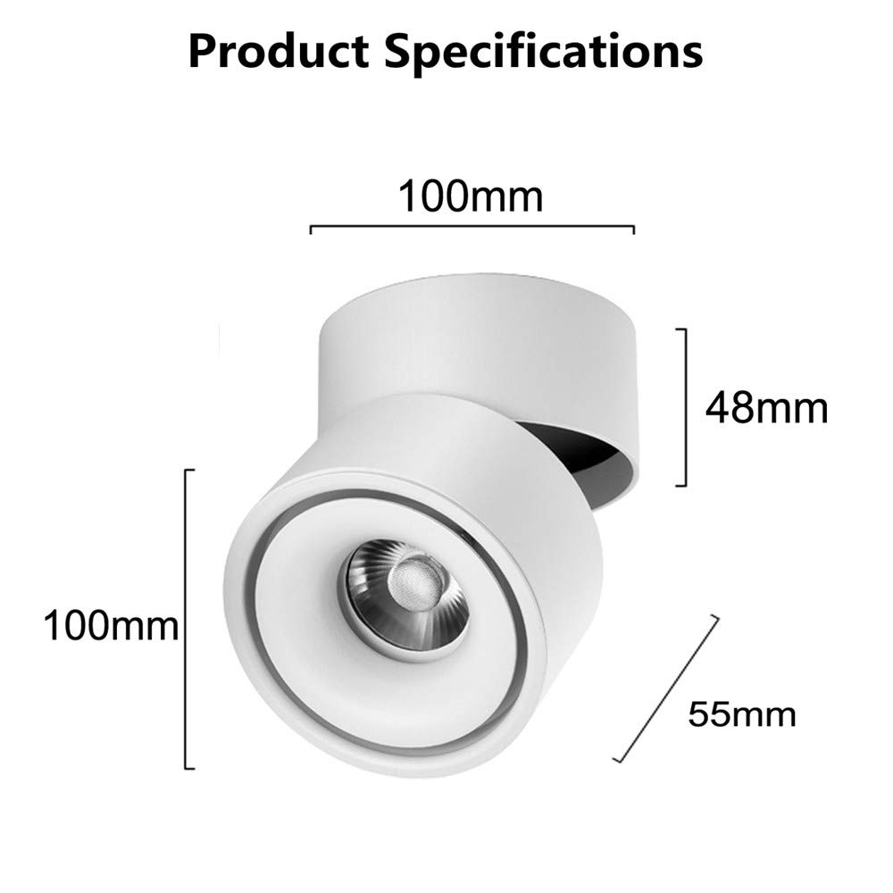360° Adjustable LED Ceiling Spotlight - 10W COB Surface Mount Downlight with 3000K/4000K/6000K Color Temperature - Aluminum Wall & Ceiling Swivel Lamp for Living Room, Bedroom, Kitchen Lighting (White, 4000K Natural Light)